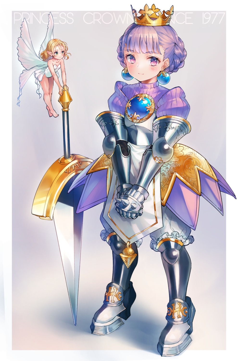 armor, fairy, heels, leotard, pointy_ears, princess_crown, pyonsuke_(pyon2_mfg), sword, wings