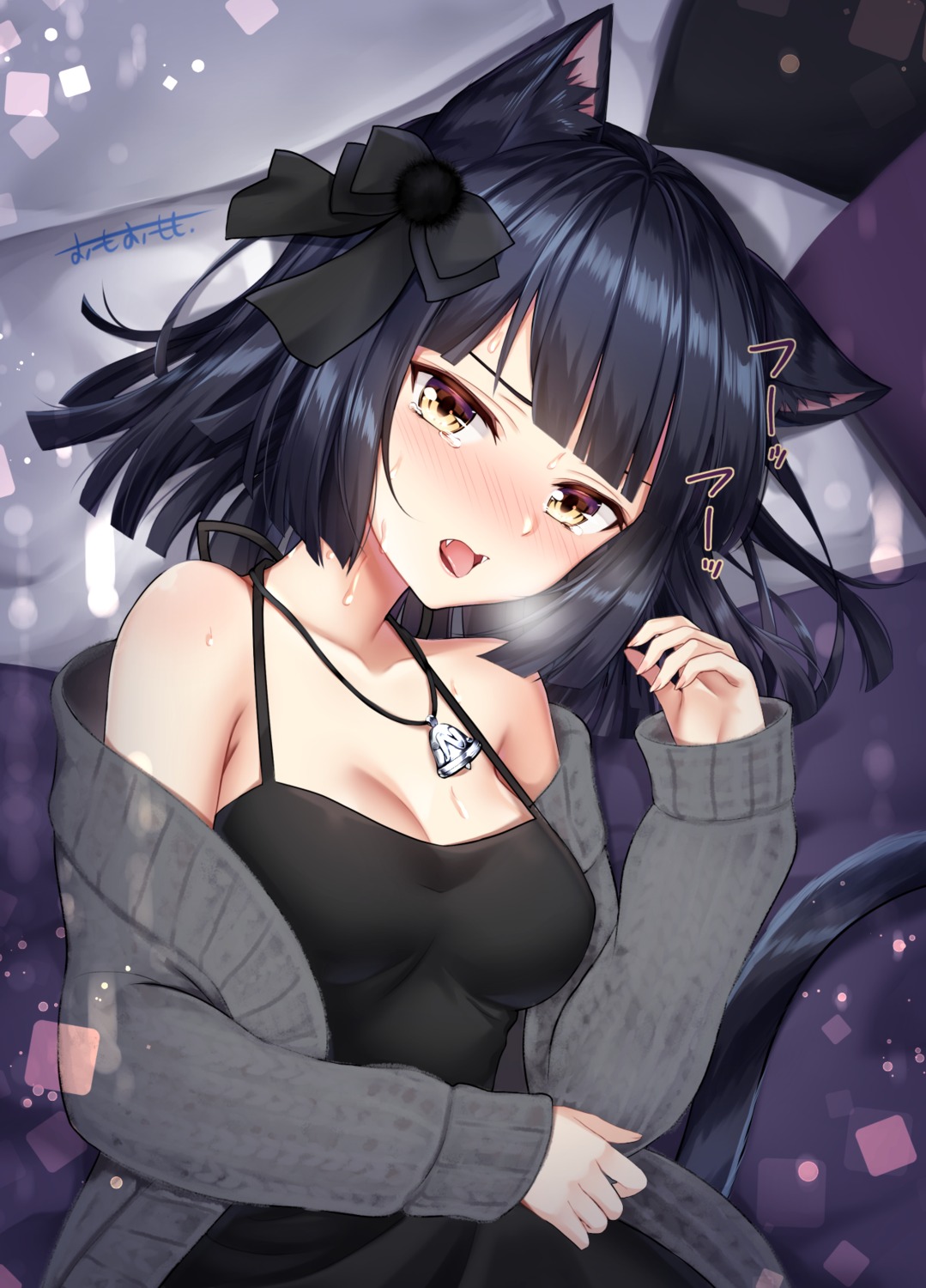 animal_ears, cleavage, nekomimi, omoomomo, sweater, tail