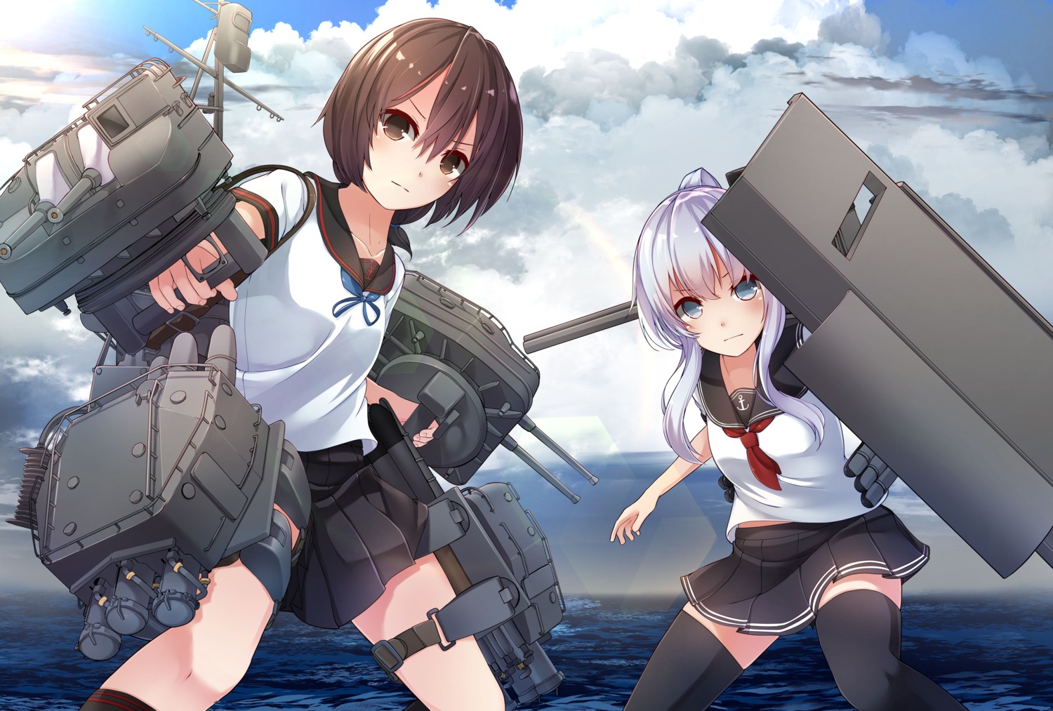 fubuki_(kancolle), garter, hibiki_(kancolle), hibiki_zerocodo, kantai_collection, seifuku, thighhighs, weapon