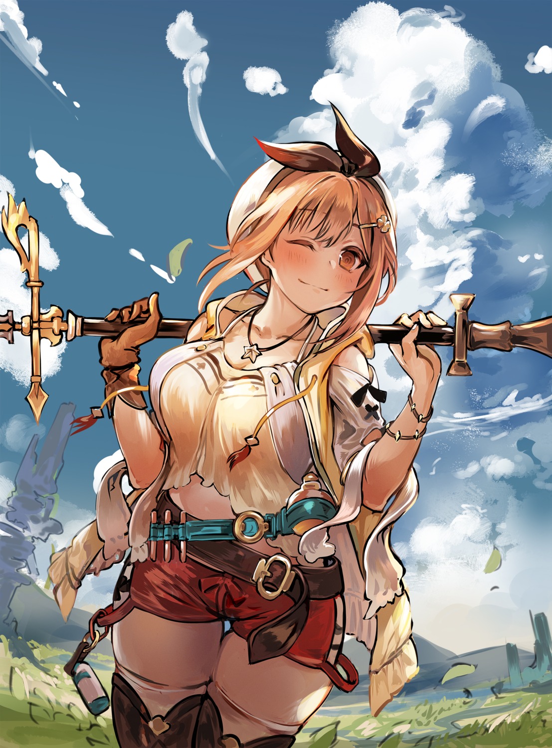 atelier, atelier_ryza, cleavage, reisalin_stout, snowru, thighhighs, weapon
