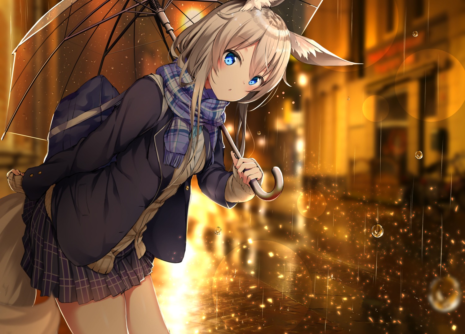 animal_ears, kitsune, seifuku, sweater, tail, umbrella, yukisiro_arte