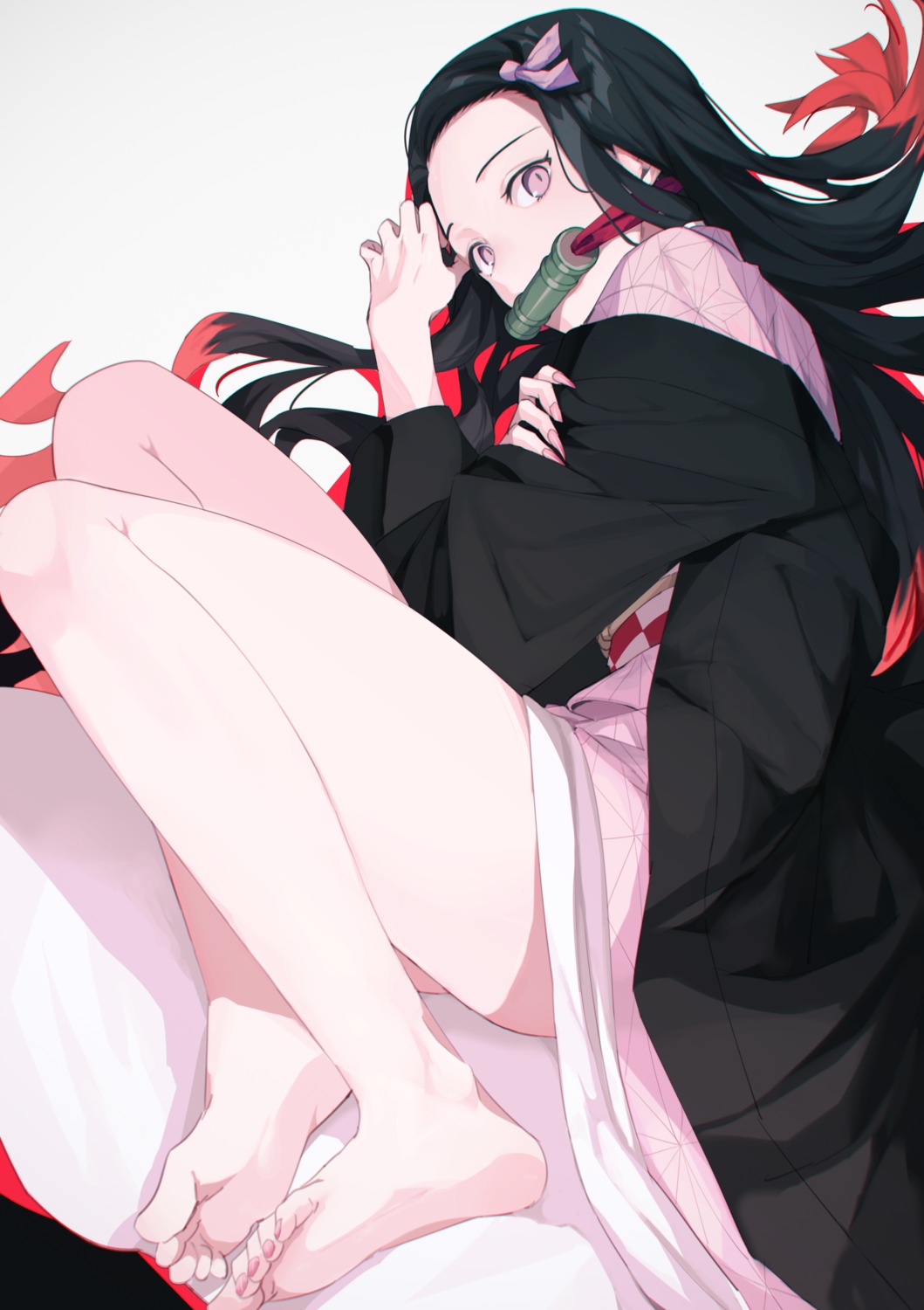 feet, japanese_clothes, kamado_nezuko, kimetsu_no_yaiba, skirt_lift, wakahiko