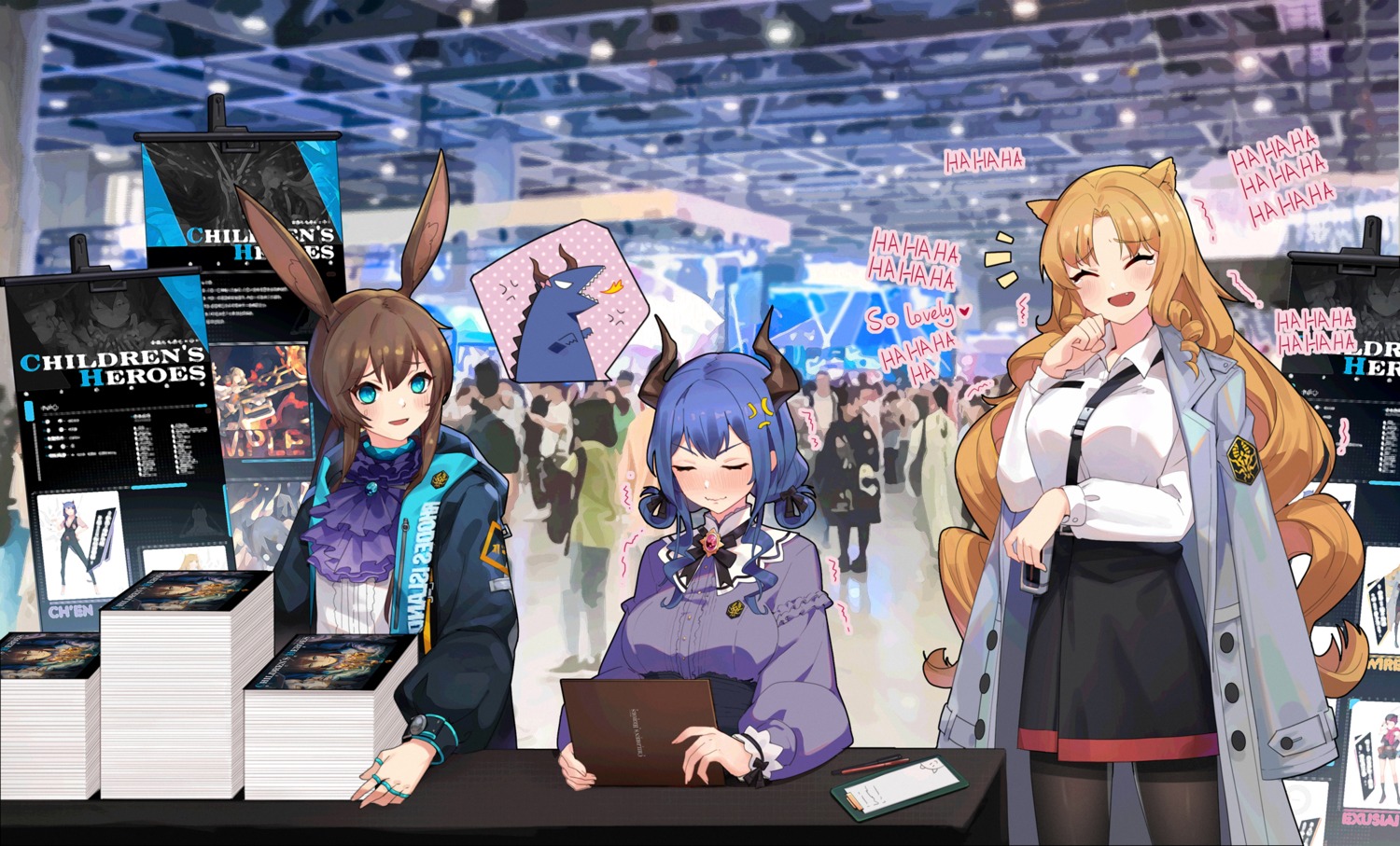 amiya_(arknights), animal_ears, arknights, bunny_ears, ch'en_(arknights), douwo_mkd, horns, pantyhose