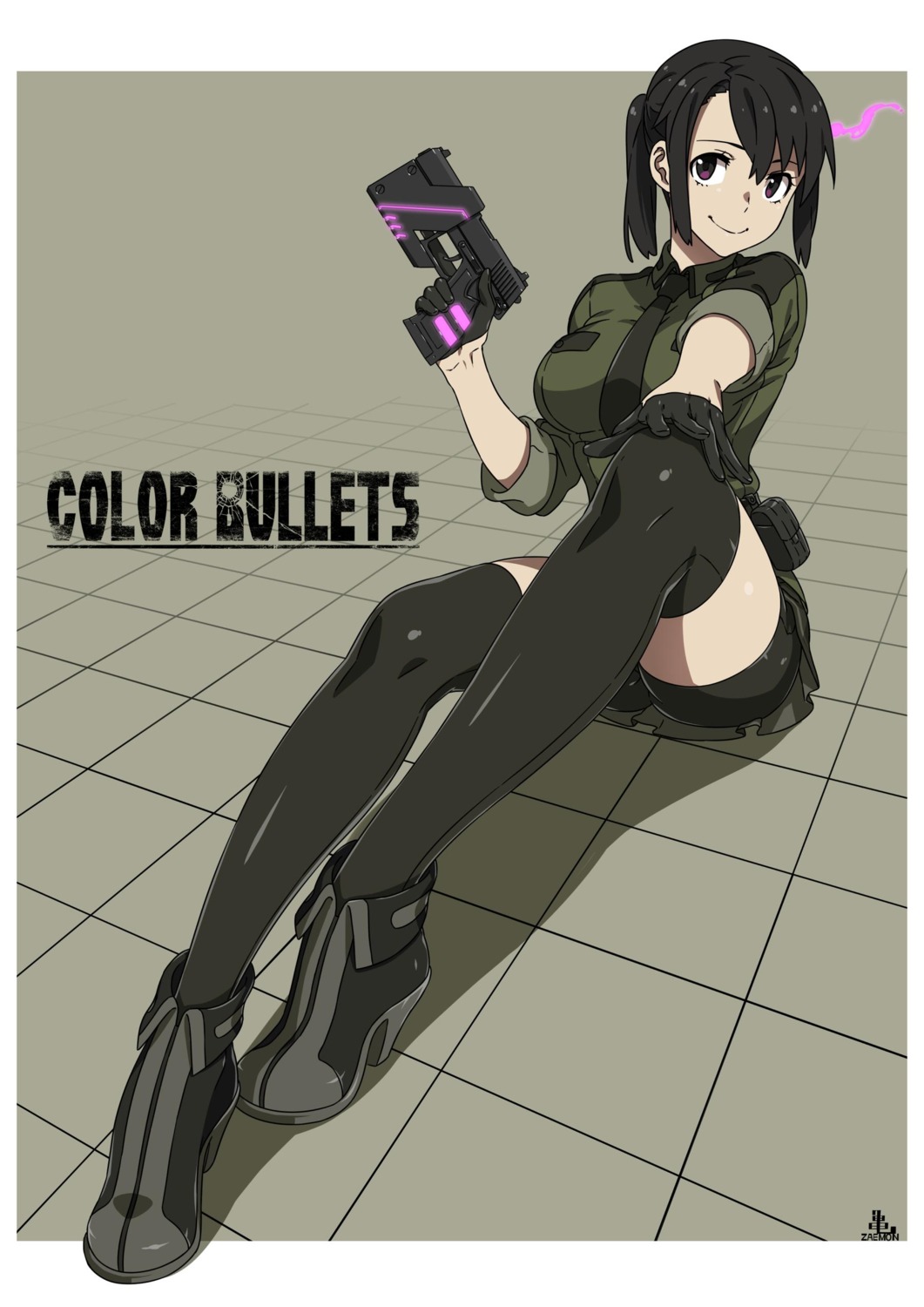 bike_shorts, gun, heels, kamezaemon, skirt_lift, thighhighs, uniform