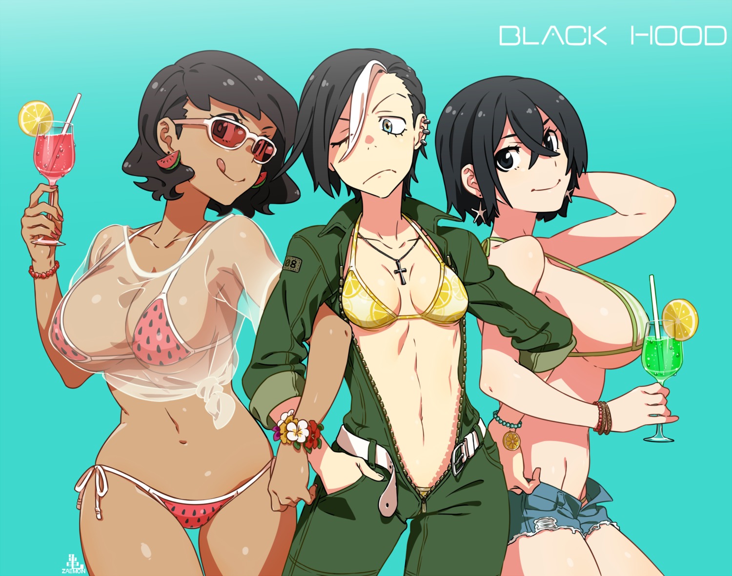 bikini, cleavage, kamezaemon, megane, open_shirt, see_through, swimsuits, torn_clothes, underboob