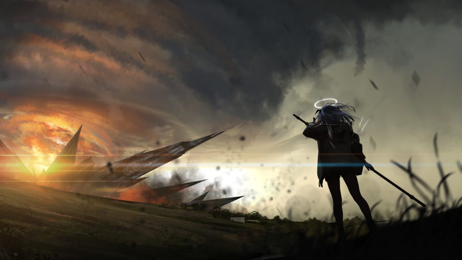 arknights, landscape, mostima_(arknights), tacshojosora, weapon