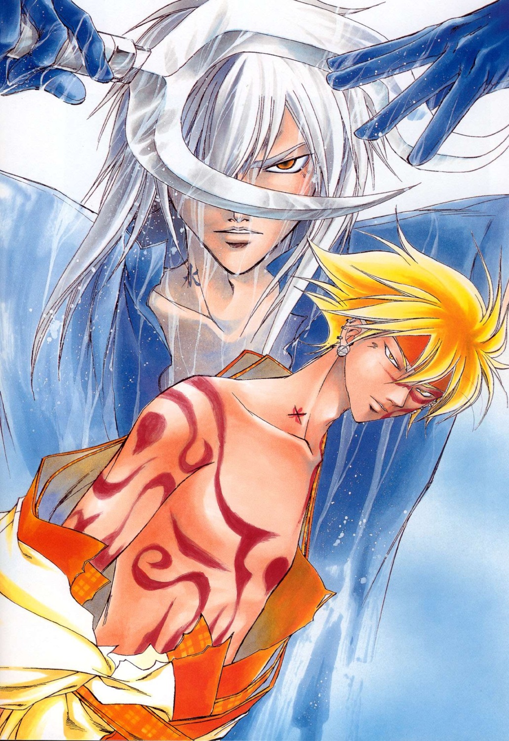 hotaru_(samurai_deeper_kyo), kamijyo_akimine, male, open_shirt, samurai_deeper_kyo, shinrei, sword