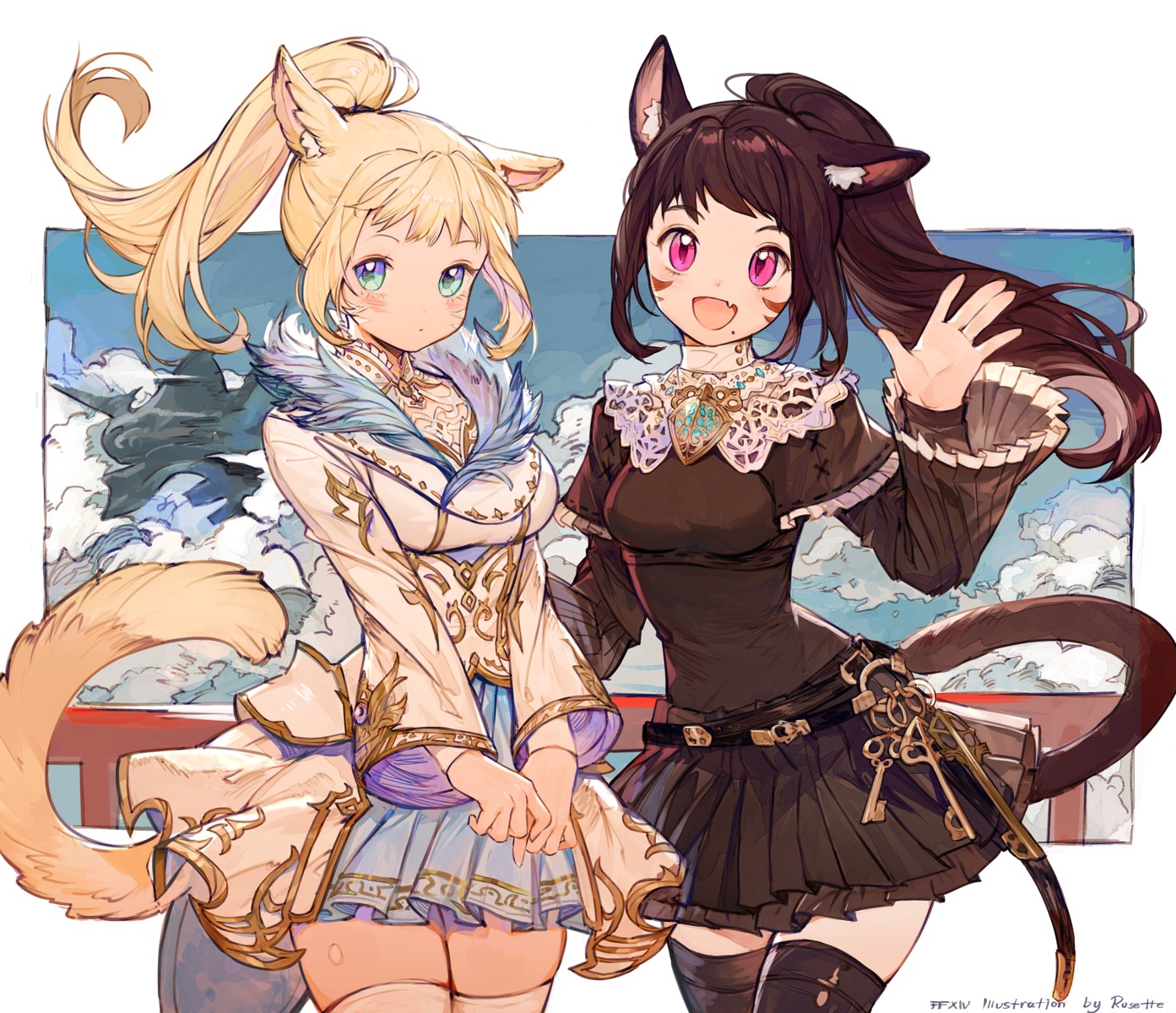 animal_ears, final_fantasy, final_fantasy_xiv, miqo'te, rosette_(yankaixuan), tail, thighhighs
