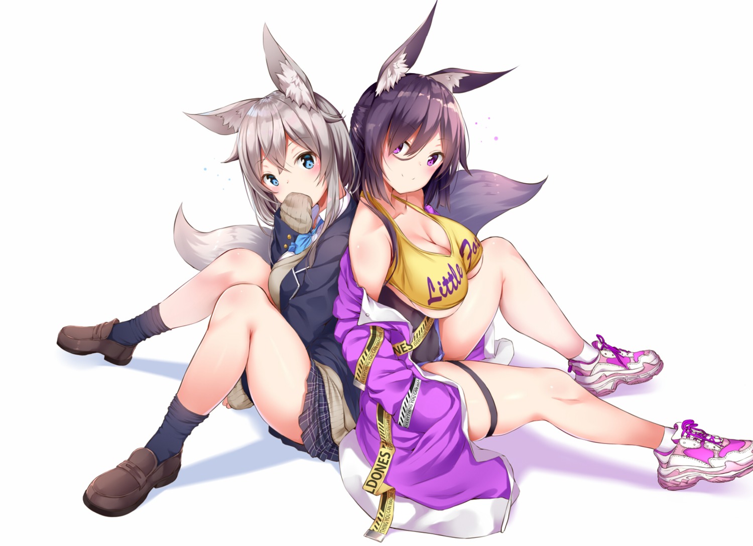animal_ears, cleavage, garter, kitsune, no_bra, open_shirt, seifuku, skirt_lift