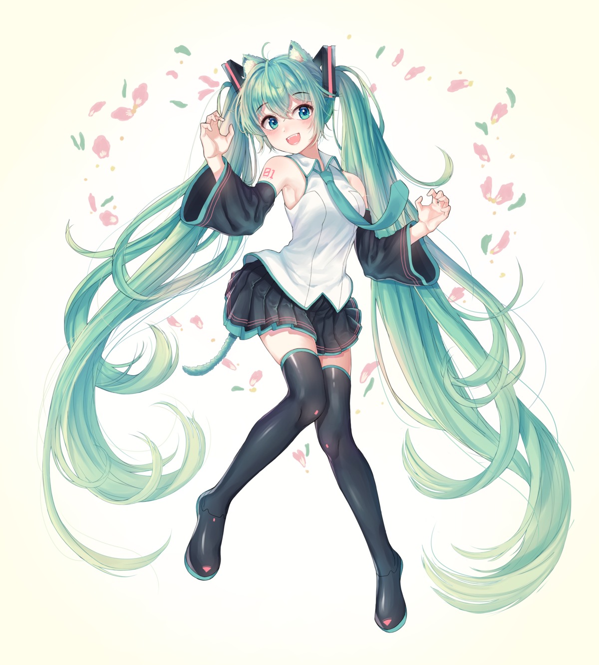 animal_ears, hatsune_miku, kk_(aky2374), nekomimi, tail, tattoo, thighhighs, vocaloid
