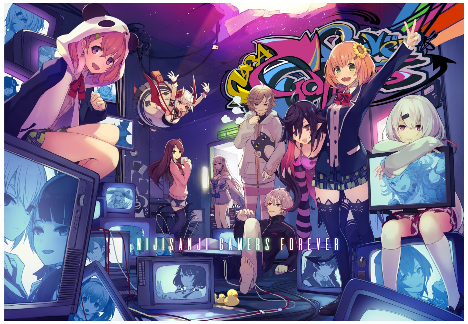 akabane_youko, cleavage, honma_himawari, japanese_clothes, kanae_(nijisanji), kurosawa_tetsu, kuzuha_(nijisanji), makaino_ririmu