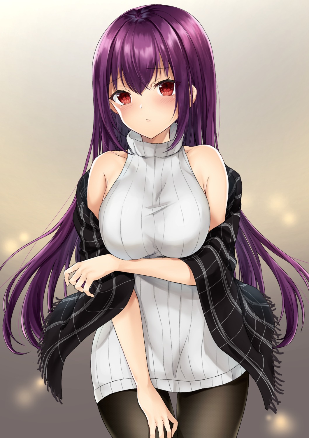 breast_hold, dress, fate/grand_order, pantyhose, scathach_(fate), sweater, taruton_(konritu0821)