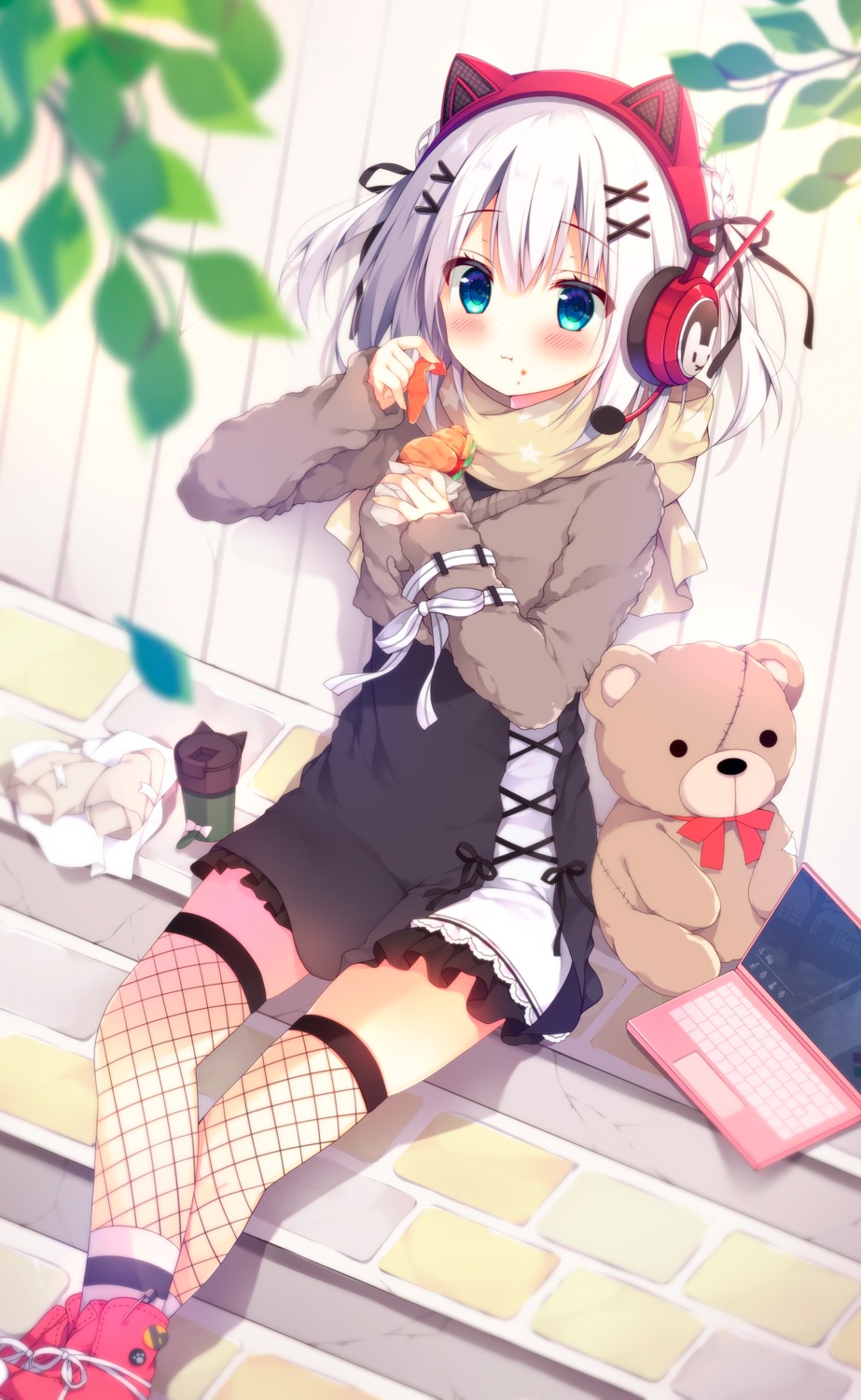 animal_ears, fishnets, headphones, izumi_yuhina, nekomimi, sweater, thighhighs