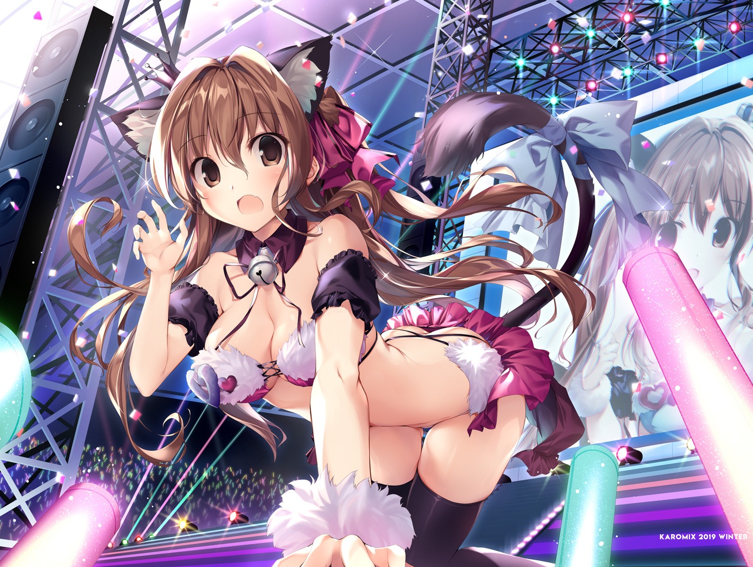 animal_ears, aomi_kanon, aomi_maika, bikini_top, bra, cleavage, karory, nekomimi, pantsu, swimsuits, tail, thighhighs