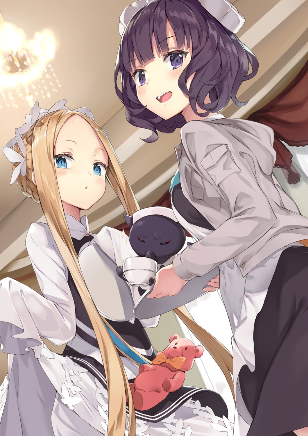 abigail_williams_(fate), fate/grand_order, katsushika_hokusai_(fate), mafu9, maid, skirt_lift