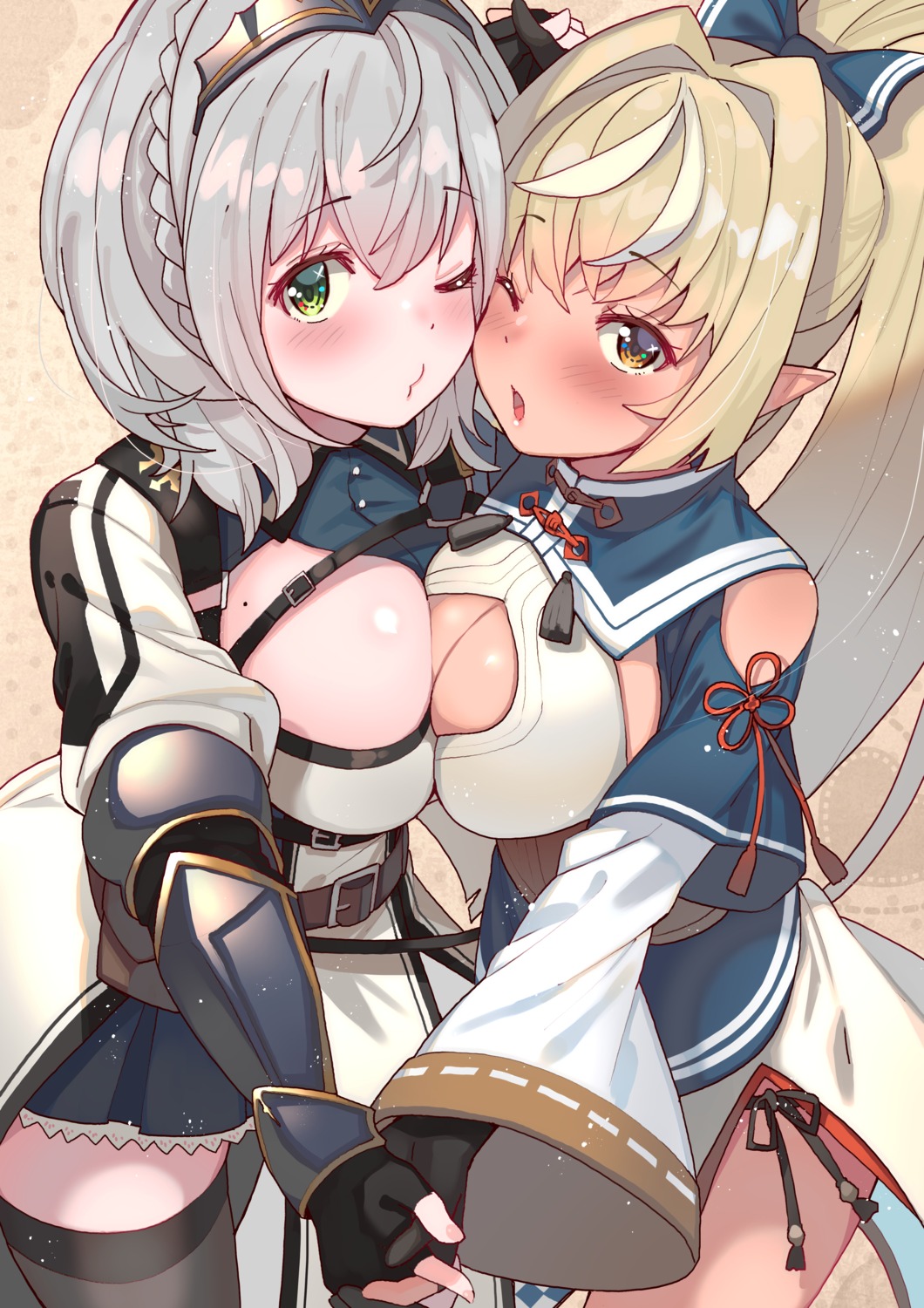 cleavage, elf, hololive, pointy_ears, shiranui_flare, shirogane_noel, symmetrical_docking, thighhighs