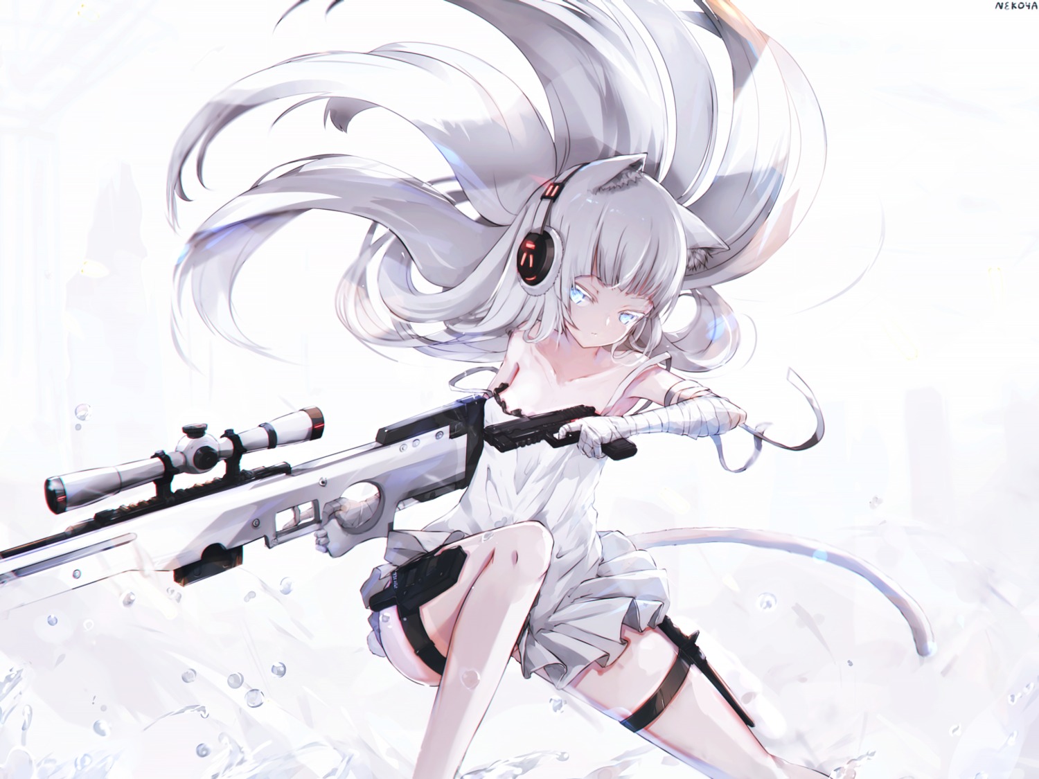 animal_ears, awp_(girls_frontline), bandages, dress, garter, girls_frontline, gun, headphones