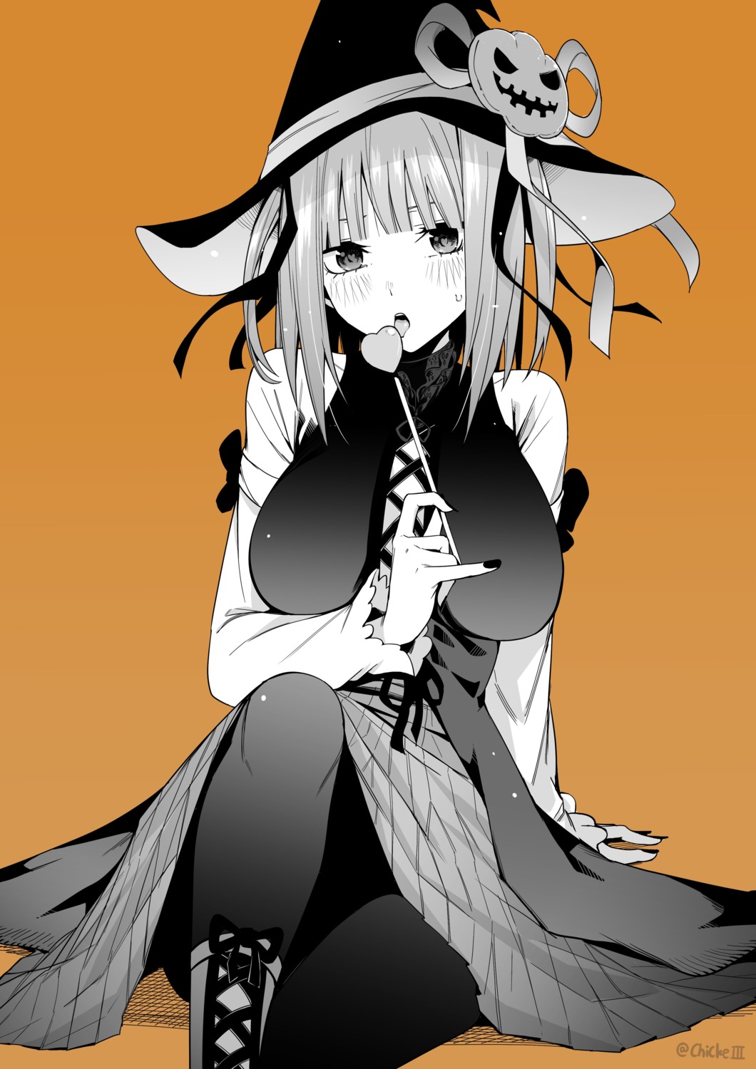 5-toubun_no_hanayome, breast_hold, chicke_iii, halloween, monochrome, nakano_nino, pantyhose, skirt_lift