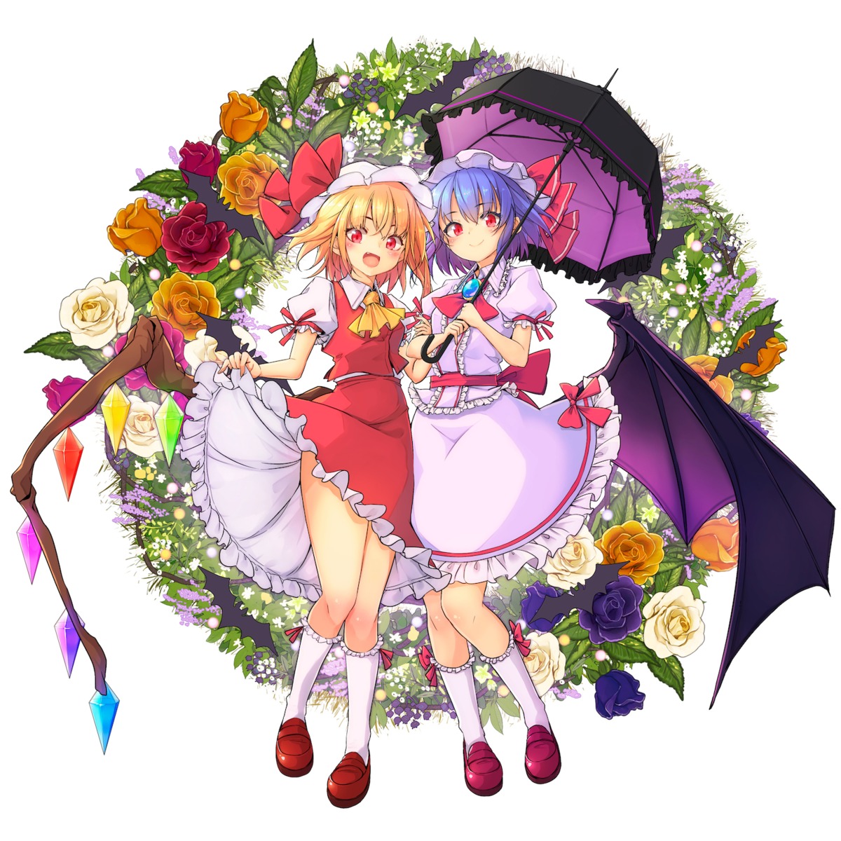 flandre_scarlet, maru-pen, remilia_scarlet, skirt_lift, touhou, umbrella, wings