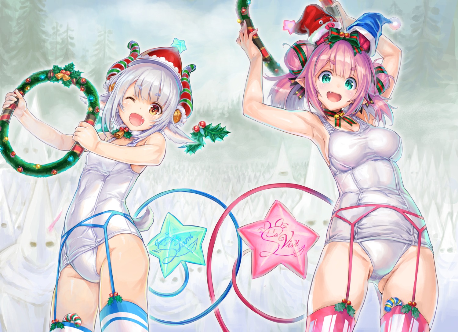 animal_ears, christmas, cleavage, garter_belt, horns, ore_p_1gou, pointy_ears, rami_shia, school_swimsuit, shia_sisters, stockings, swimsuits, tail, thighhighs, vivi_shia