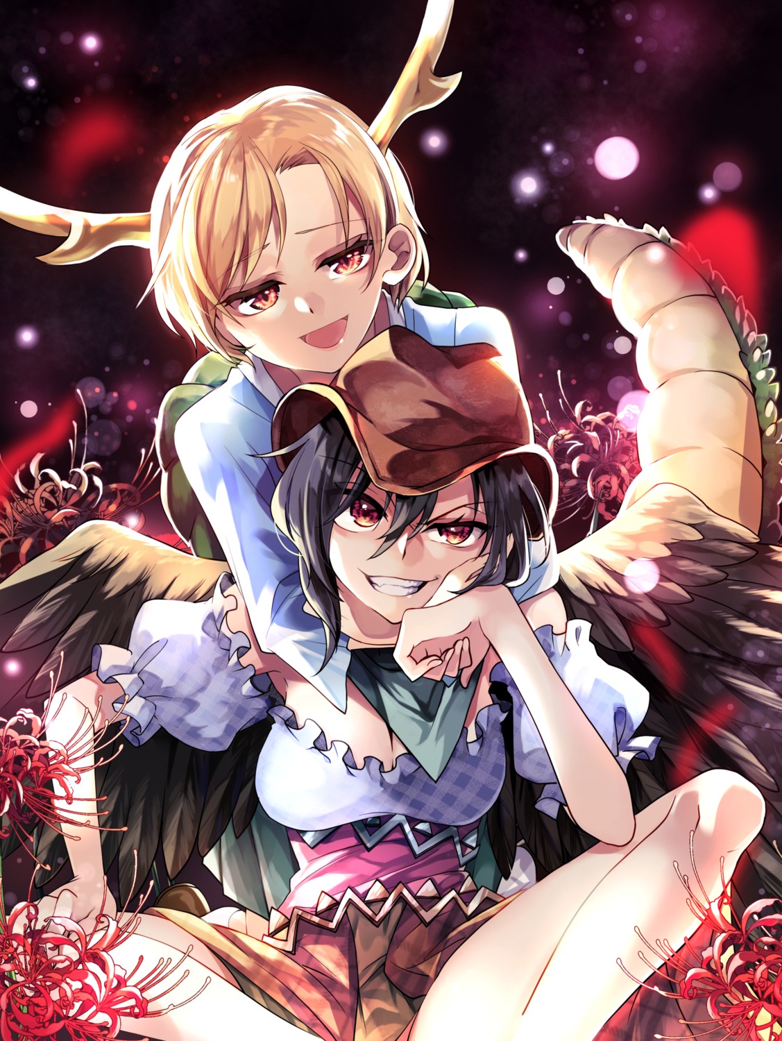 cleavage, horns, katayama_kei, kicchou_yachie, kurokoma_saki, tail, touhou, wings
