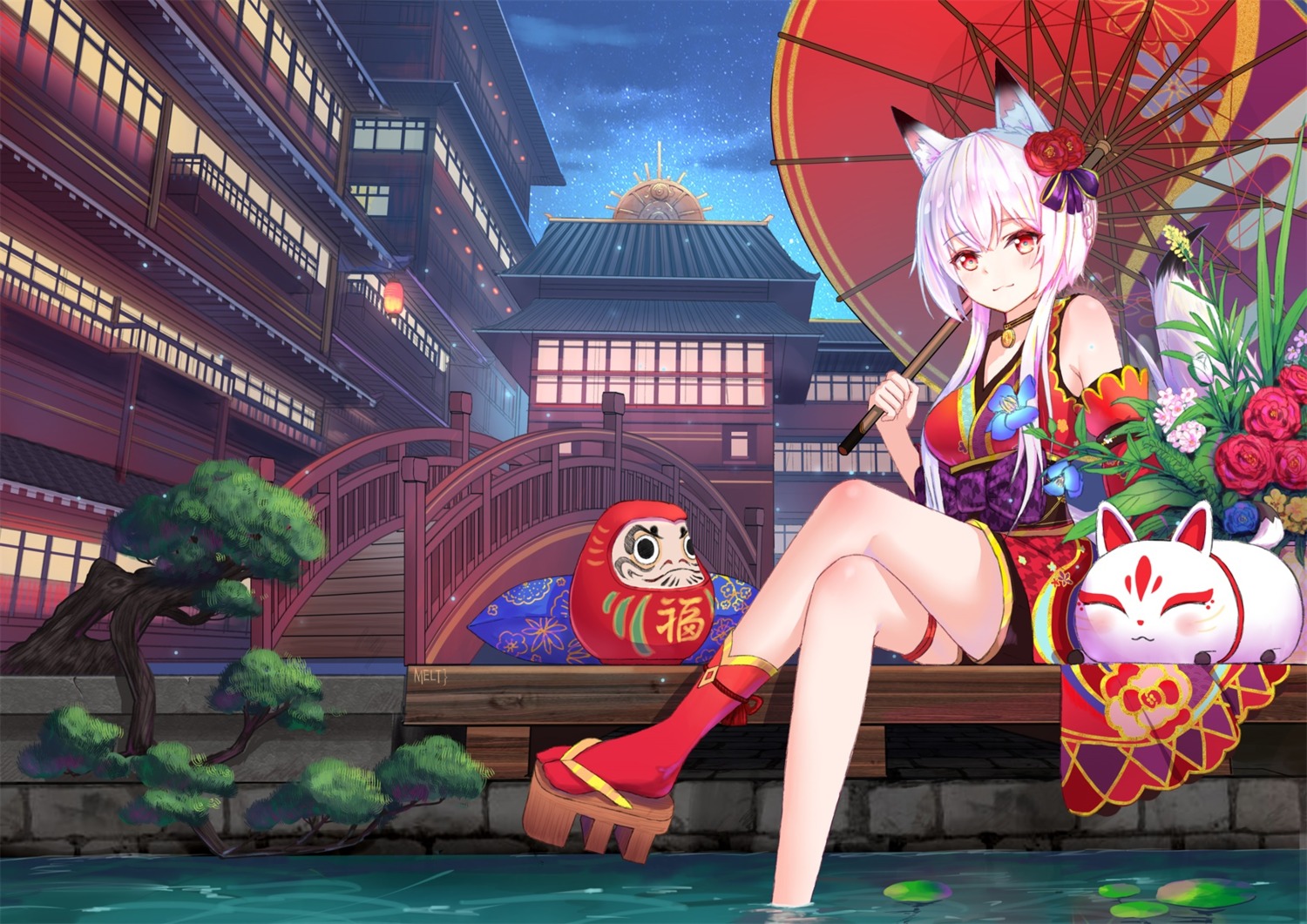 animal_ears, garter, japanese_clothes, jinguuji_tamamo, kitsune, meltdkh, revdol!_virtual_idols_next_to_you, tail, umbrella, wet
