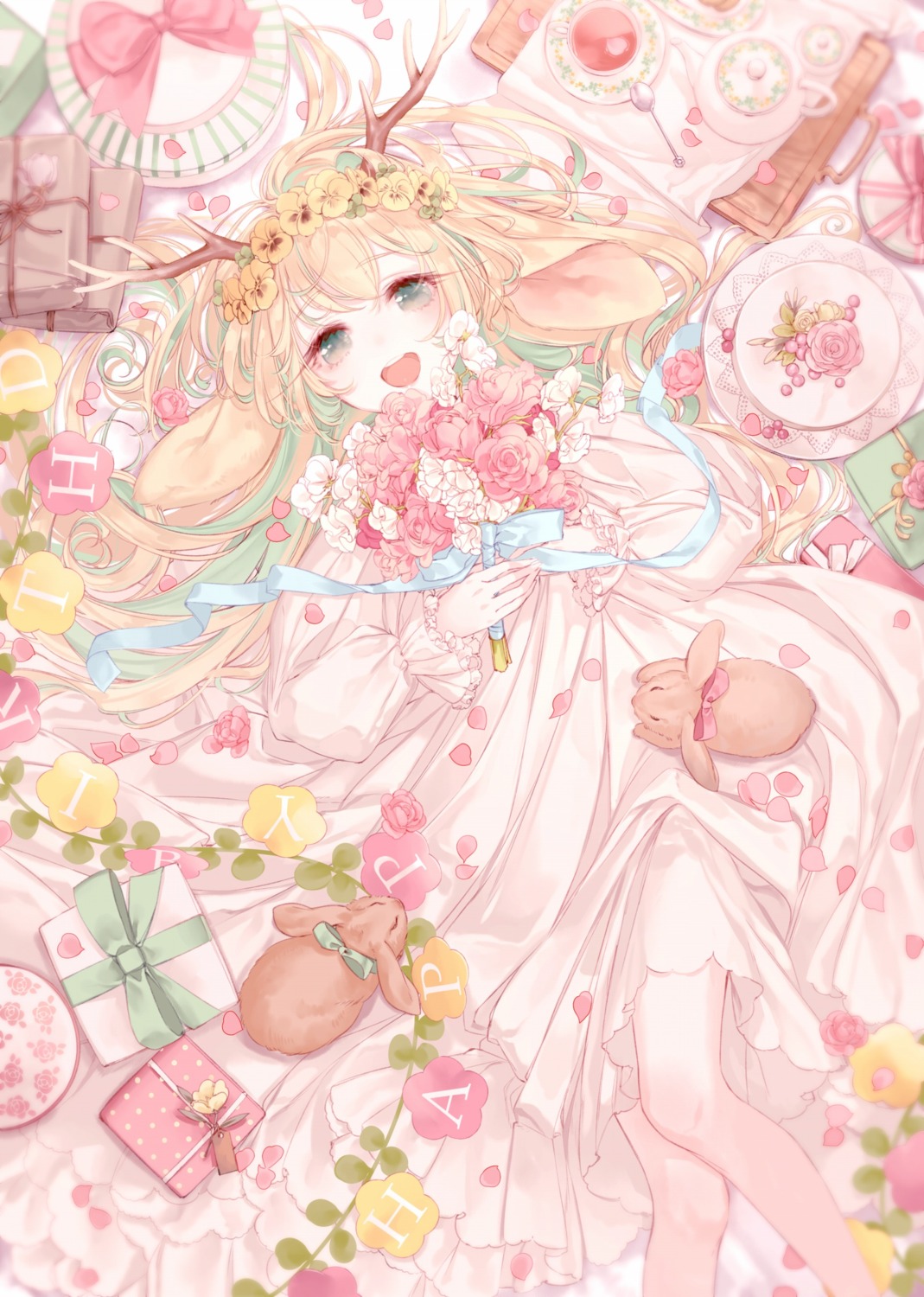 animal_ears, animare, bunny_ears, dress, horns, nanashi_inc., tsukinoki_tirol, yoggi_(stretchmen)
