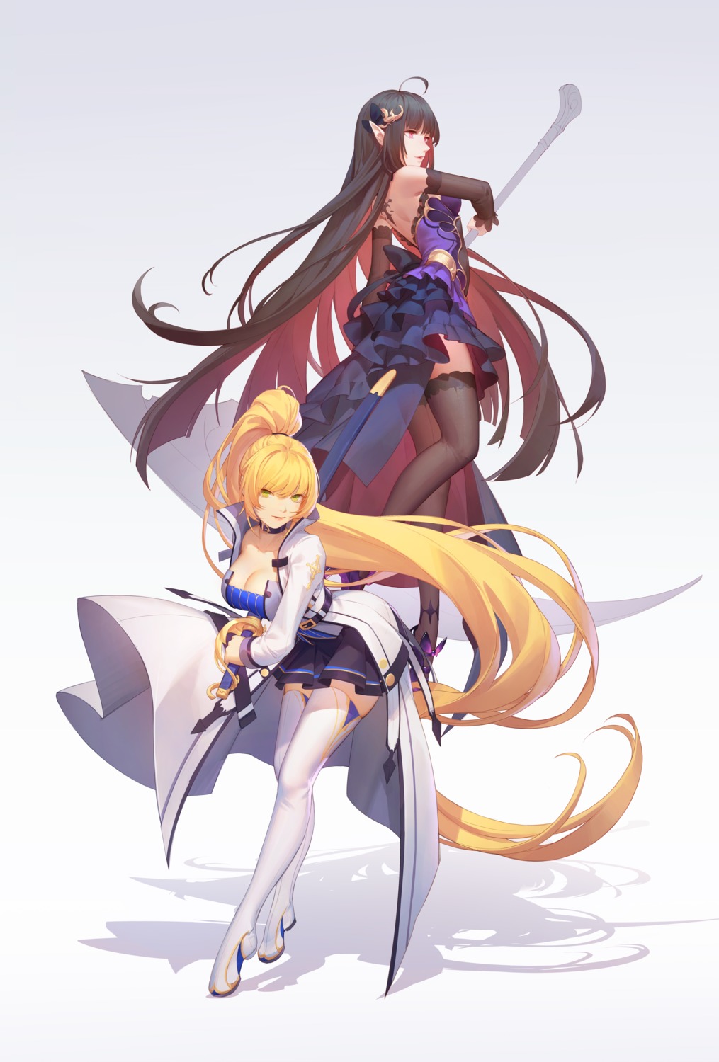 cleavage, heels, no_bra, pointy_ears, q18607, sword, tattoo, thighhighs