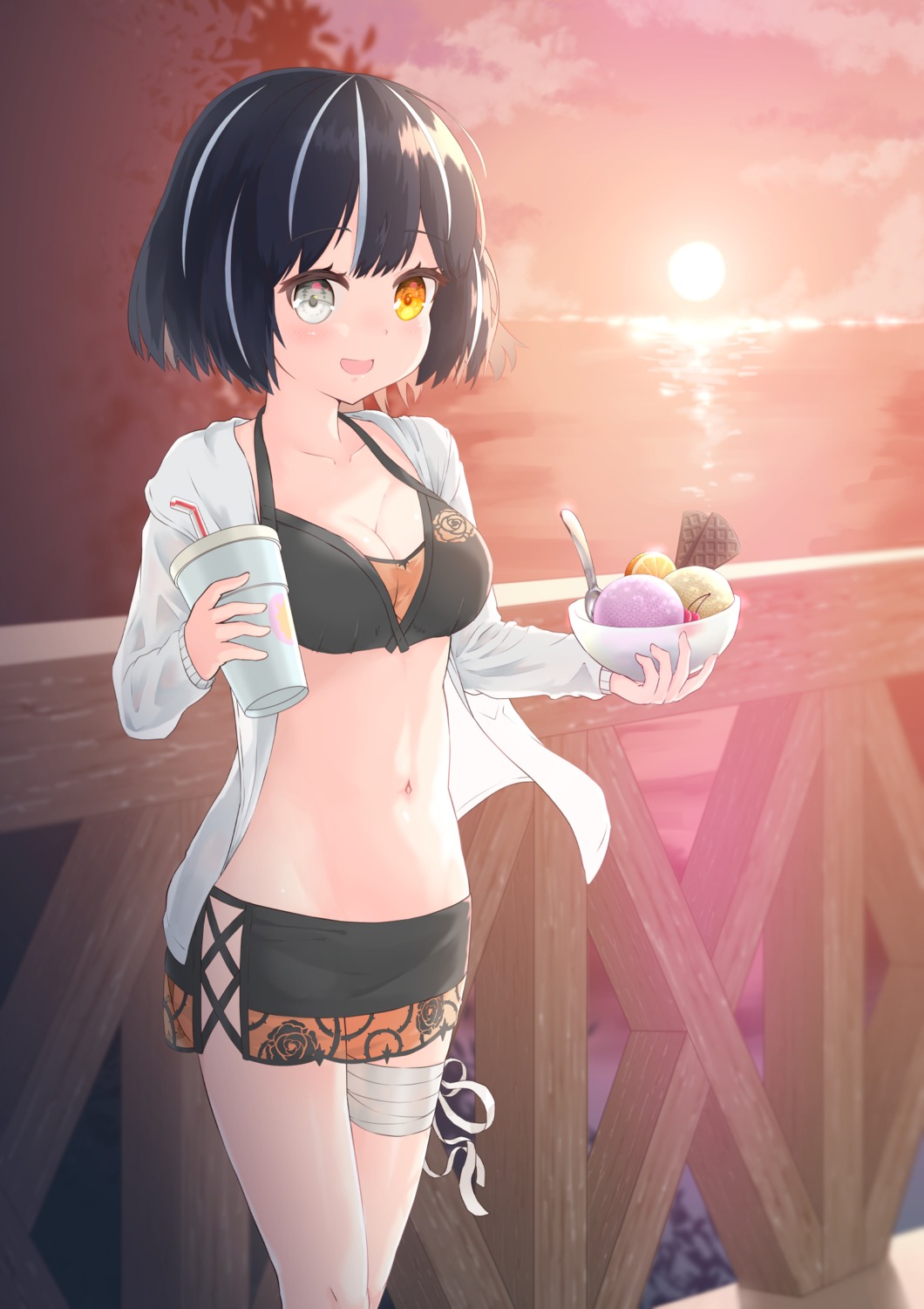 bandages, bikini_top, cleavage, heterochromia, kana_ami, open_shirt, swimsuits