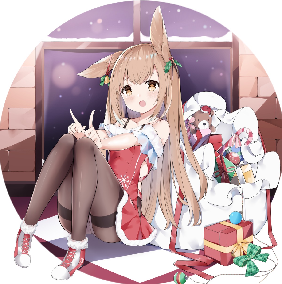 animal_ears, bunny_ears, christmas, dress, fuyuki030, pantsu, pantyhose, skirt_lift