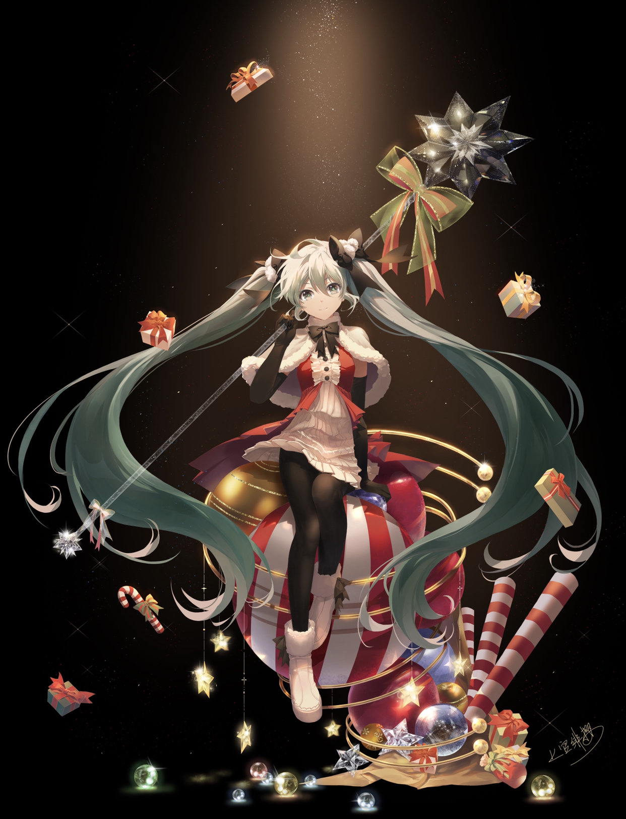 christmas, dress, hatsune_miku, pantyhose, shangguan_feiying, skirt_lift, vocaloid, weapon