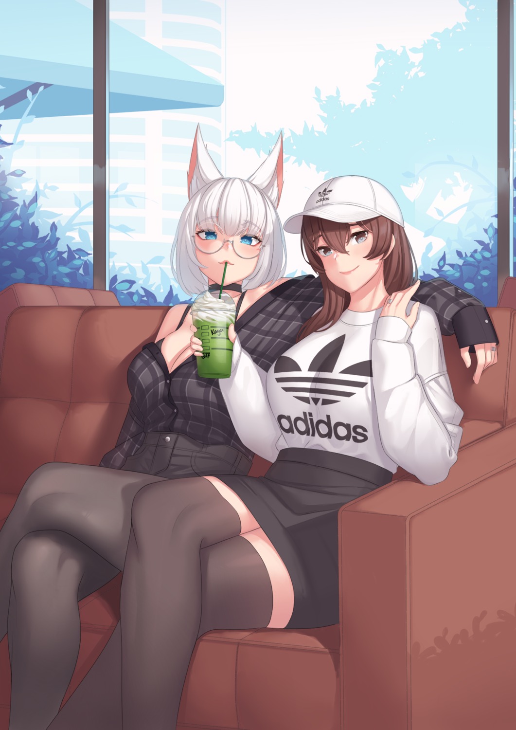 animal_ears, azur_lane, bra, cleavage, crossover, franham, kaga_(azur_lane), kaga_(kancolle), kantai_collection, megane, open_shirt, thighhighs