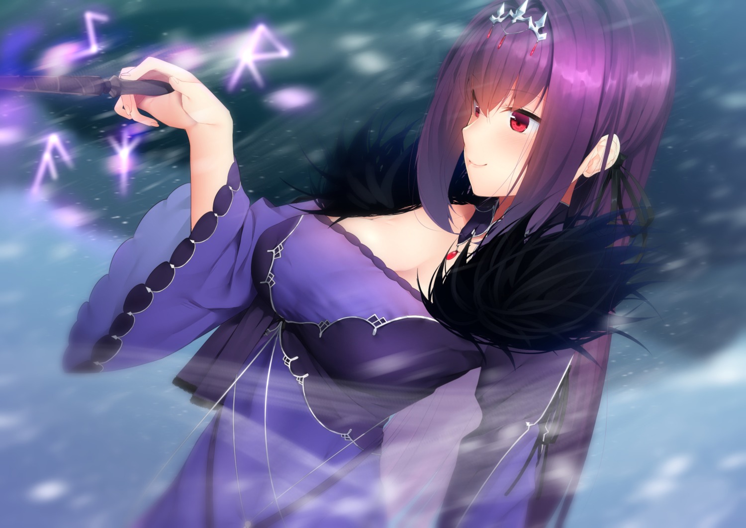 cleavage, dress, fate/grand_order, nigo_(aozoragarou), scathach_(fate), weapon