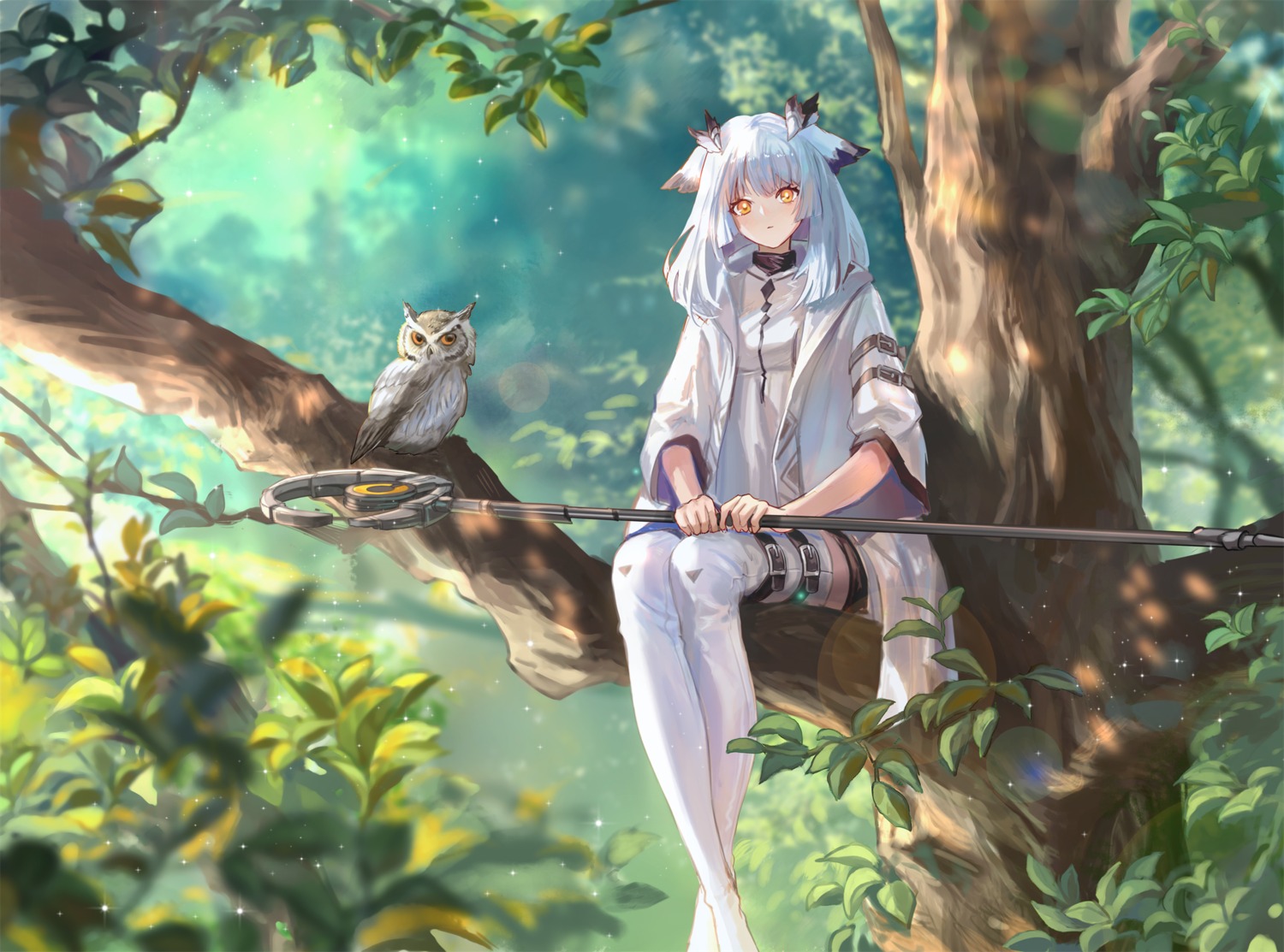 achyue, animal_ears, arknights, garter, horns, ptilopsis_(arknights), thighhighs, weapon