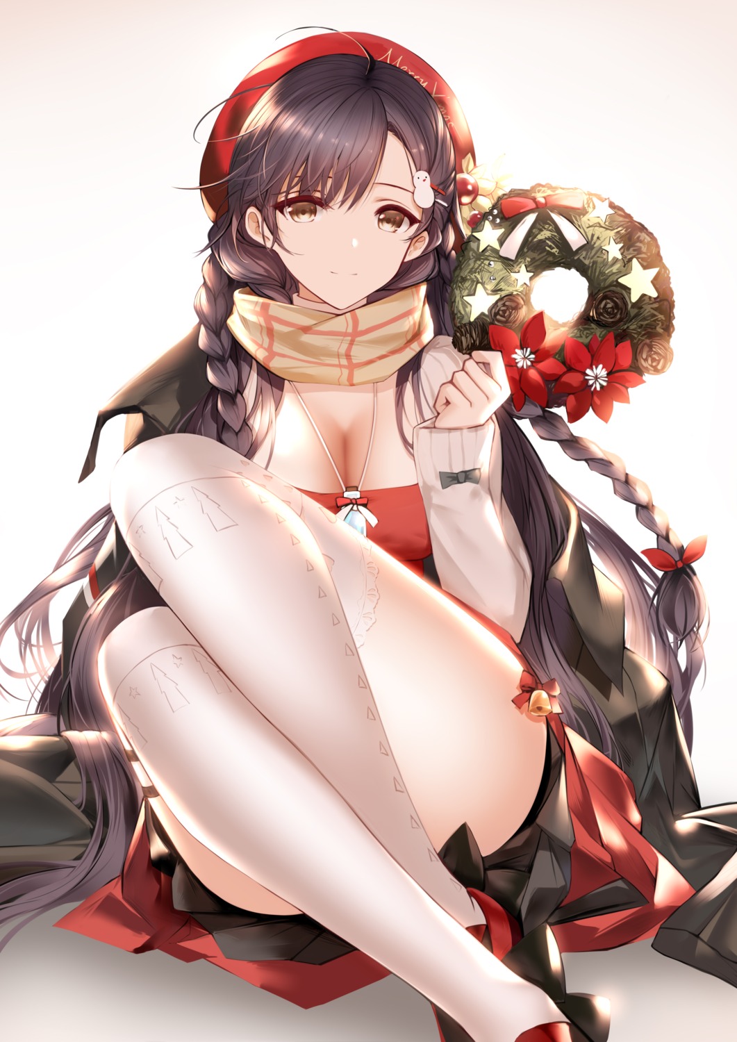 an_yasuri, christmas, cleavage, girls_frontline, lewis_(girls_frontline), skirt_lift, sweater, thighhighs