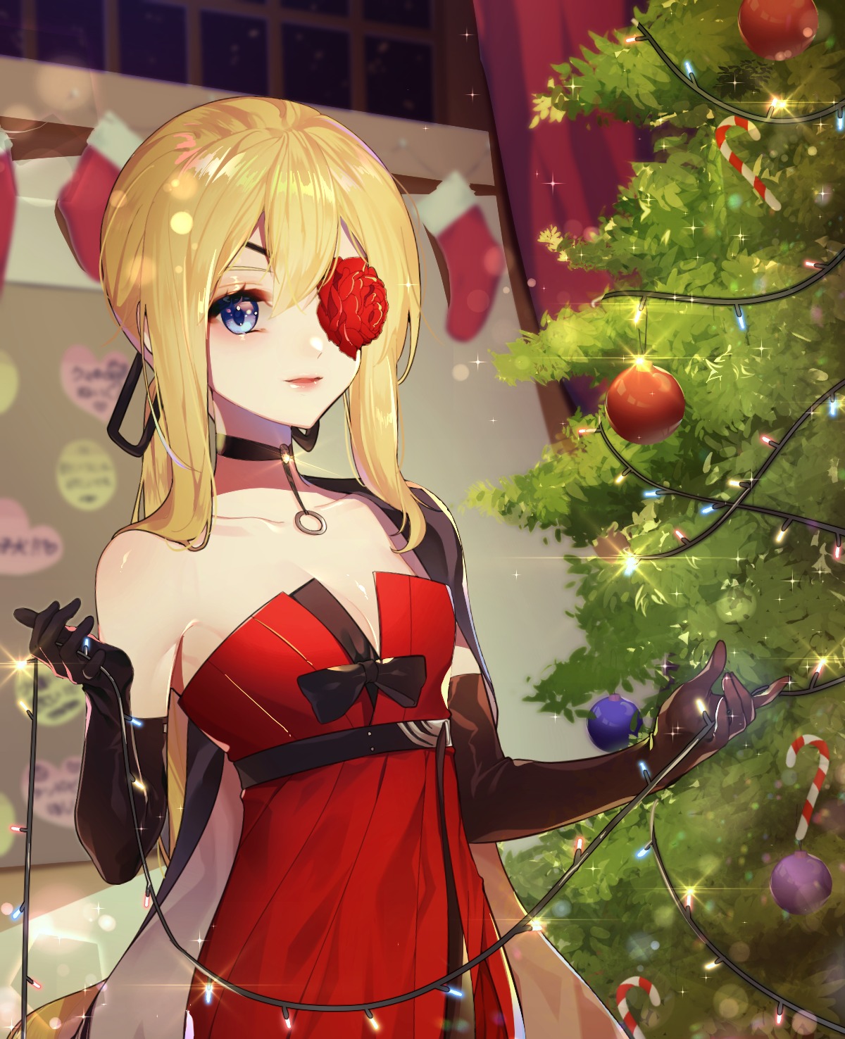 christmas, cleavage, dress, eyepatch, girls_frontline, no_bra, rimsuk, skorpion_(girls_frontline)