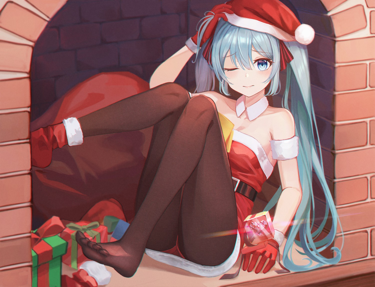 cleavage, dress, feet, hatsune_miku, hb_(qwqw1697), pantyhose, skirt_lift, vocaloid