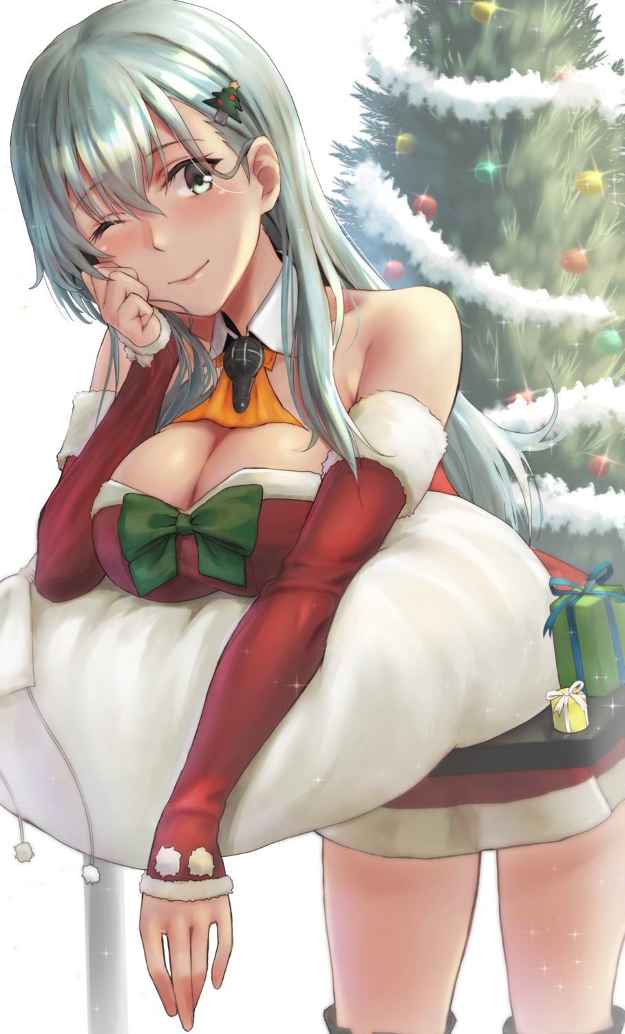christmas, cleavage, dress, kantai_collection, kokuzou, suzuya_(kancolle), thighhighs