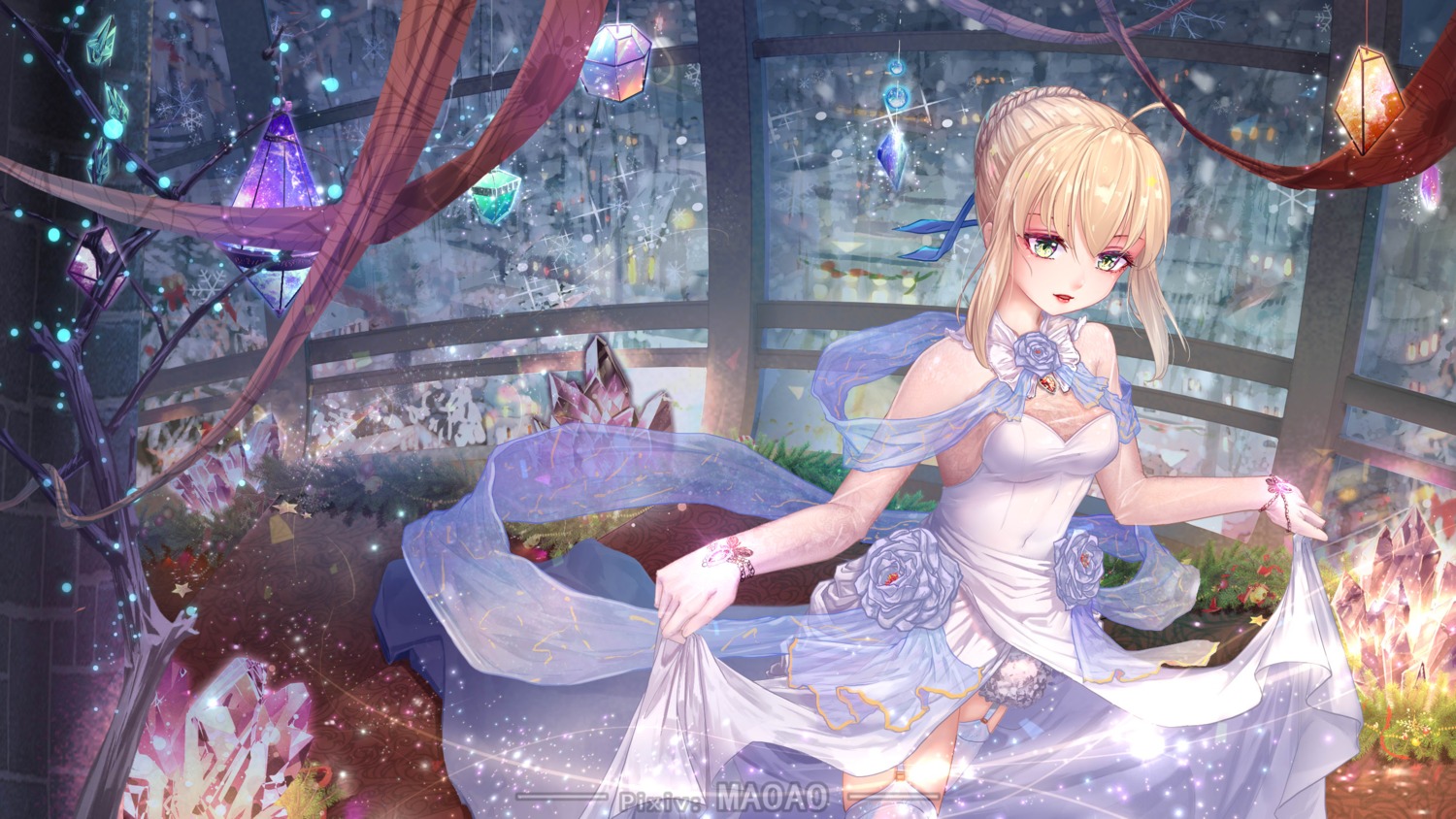 artoria_pendragon_(fate), dress, fate/stay_night, maoao, see_through, skirt_lift, stockings, thighhighs, wallpaper