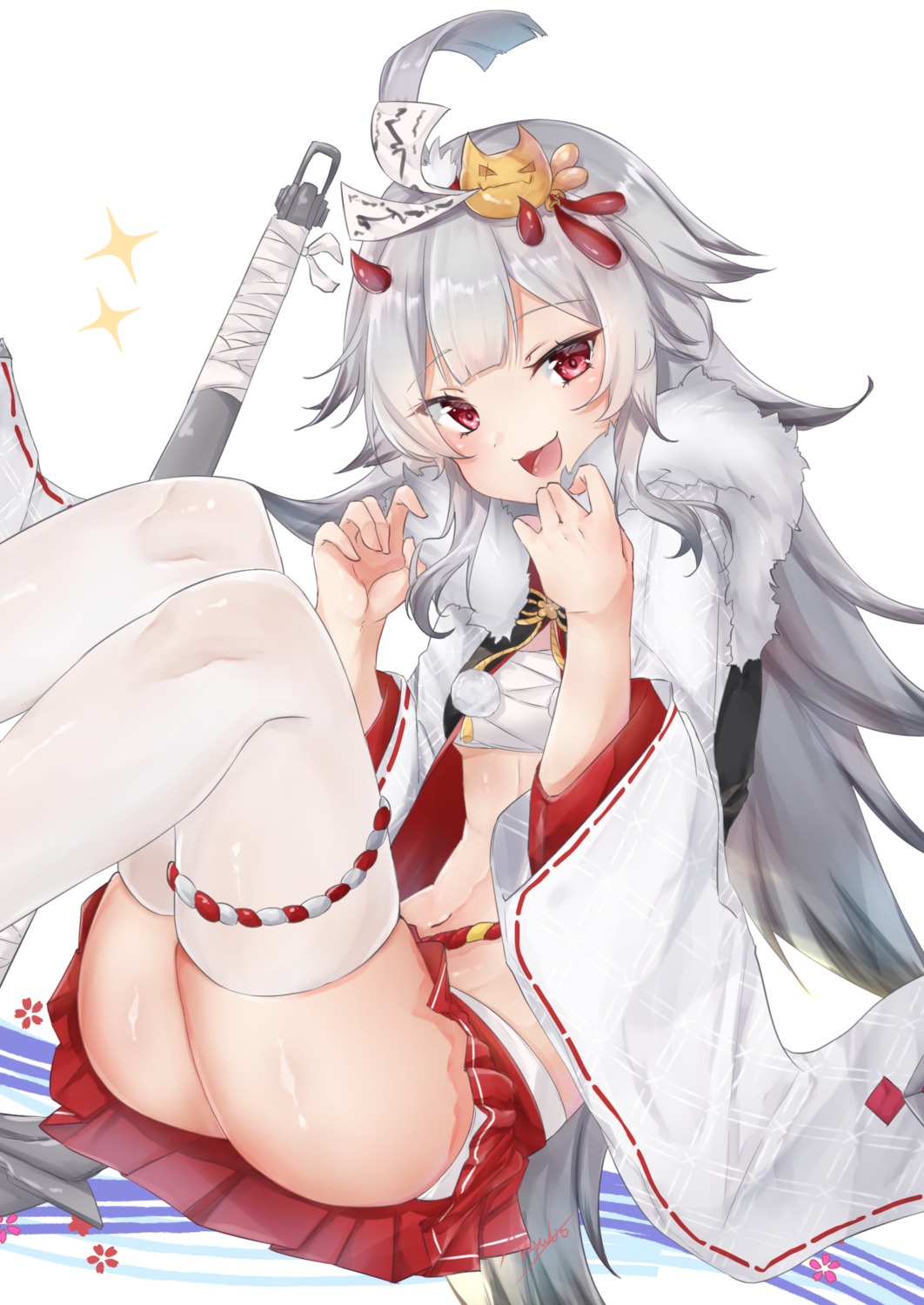 azur_lane, garter, hibiki_(azur_lane), japanese_clothes, nayuta_hilo, open_shirt, pantsu, sarashi