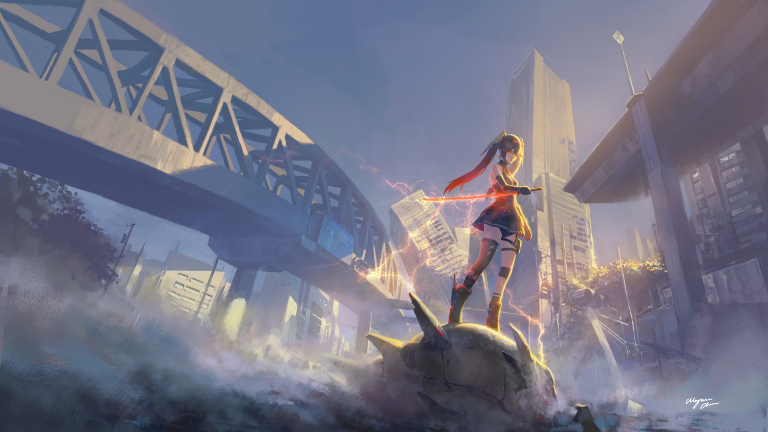dress, garter, heels, landscape, lucia_(punishing:_gray_raven), pantsu, punishing:_gray_raven, sword, thighhighs, torn_clothes, wallpaper, wayne_chan