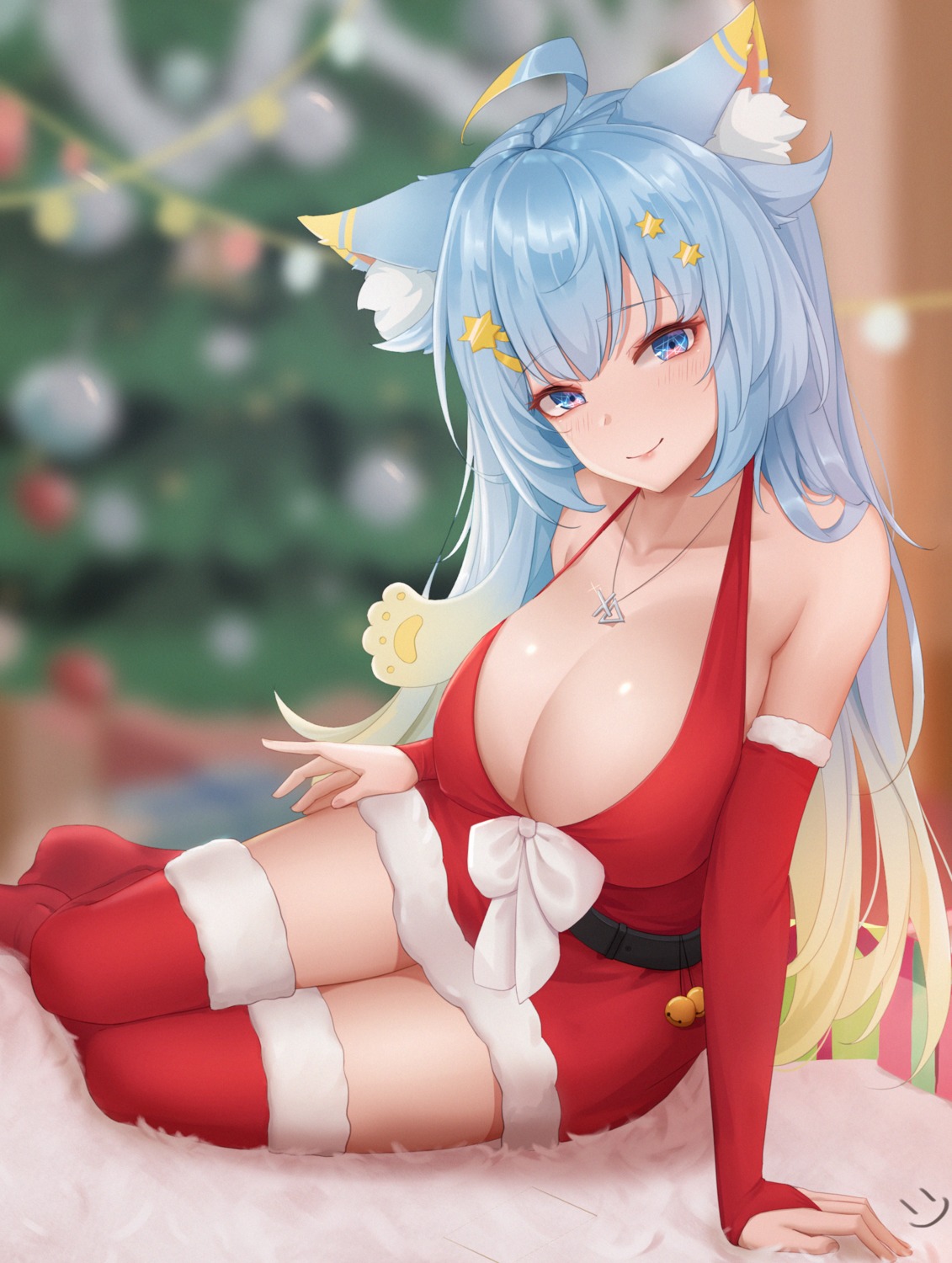 animal_ears, christmas, cleavage, dress, lanmewko, nekomimi, no_bra, thighhighs