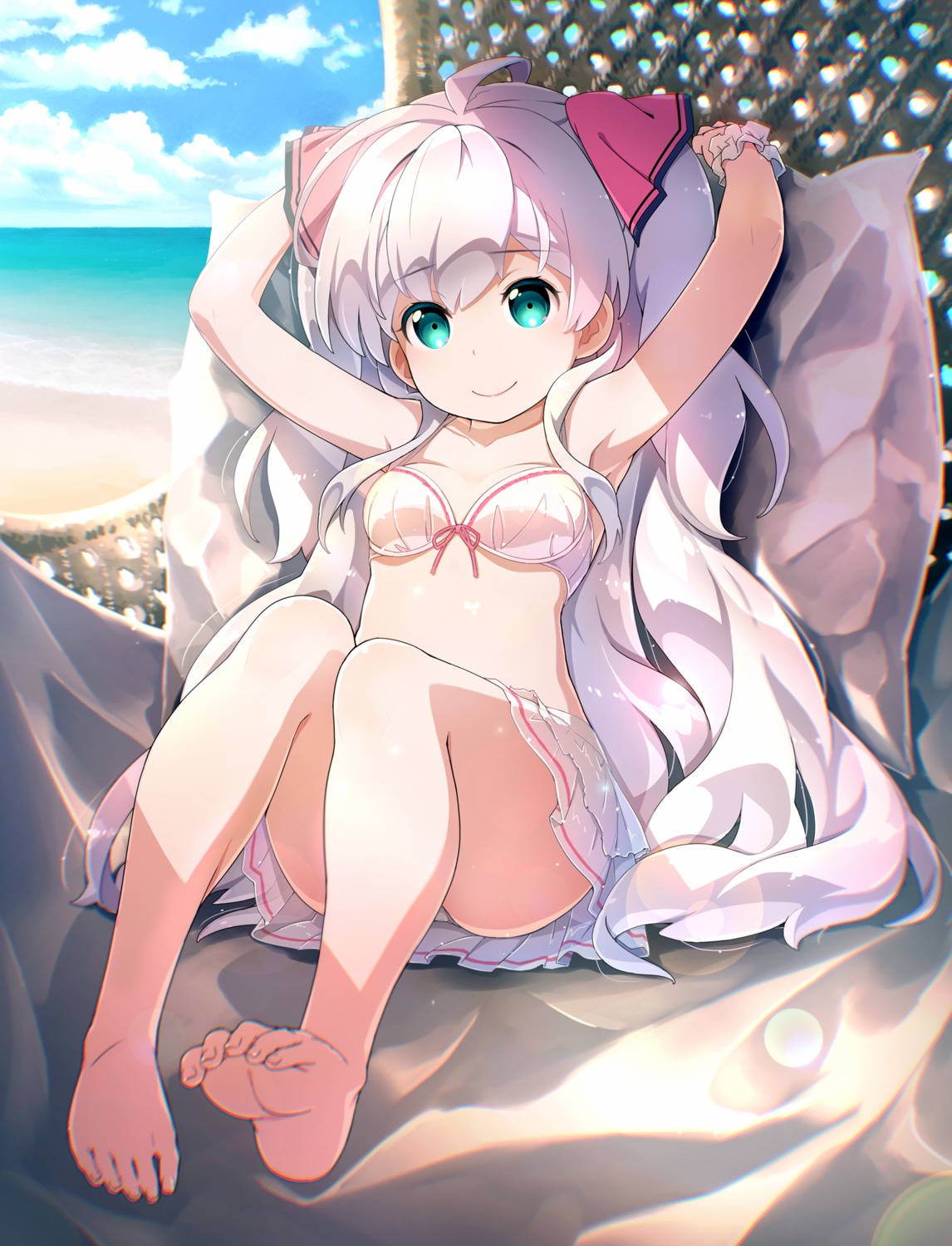 akata_itsuki, bikini, cleavage, feet, mile_(noukin), see_through, skirt_lift, swimsuits