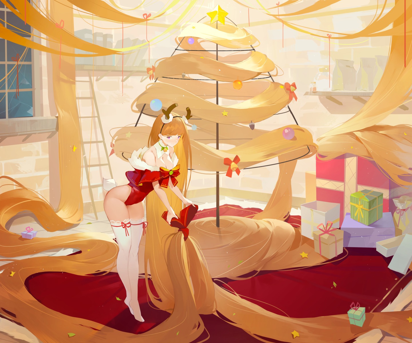 christmas, helic_(7317helic), horns, leotard, no_bra, open_shirt, tail, thighhighs