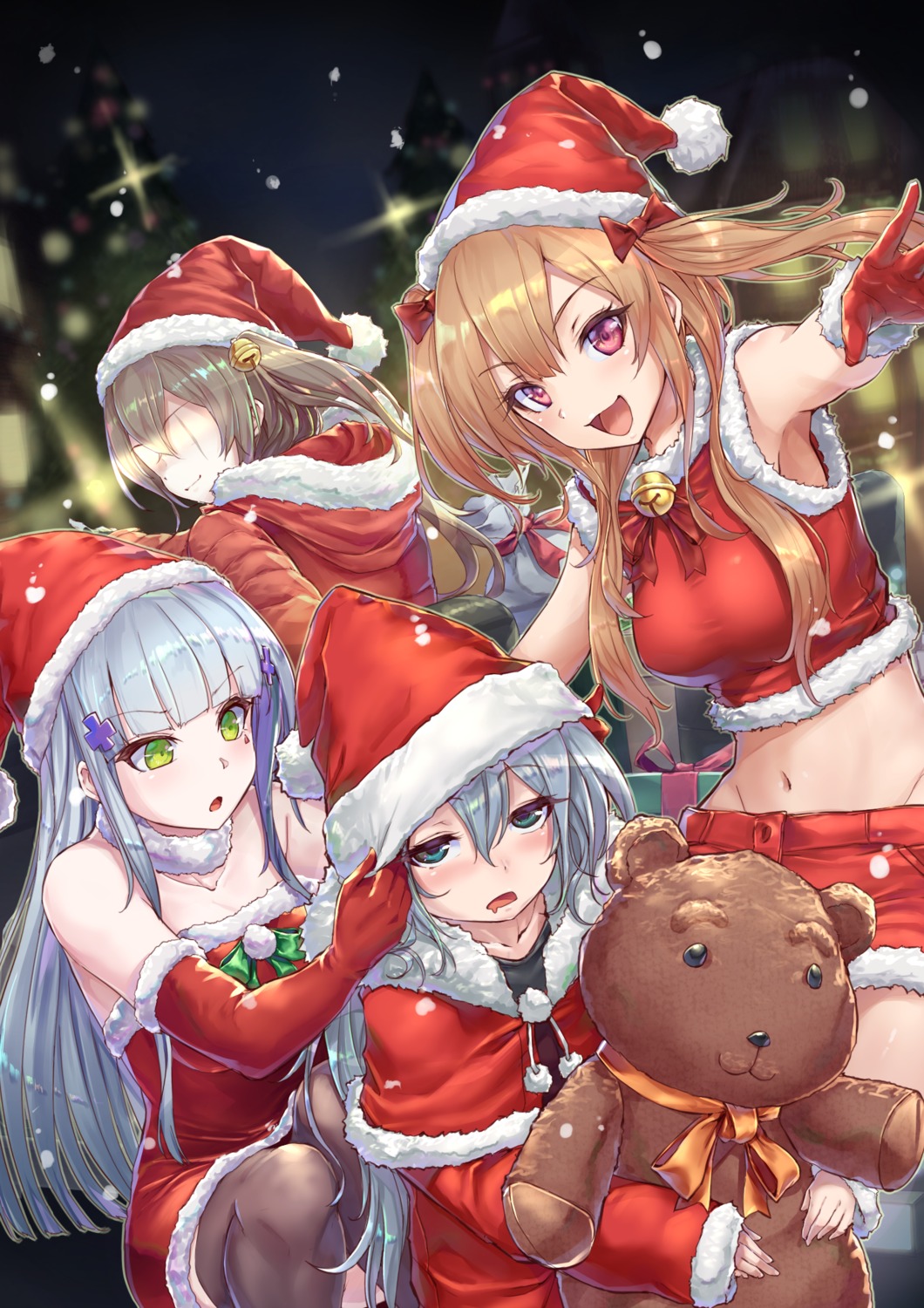 christmas, dress, g11_(girls_frontline), girls_frontline, hk416_(girls_frontline), potato_tacos, skirt_lift, thighhighs, ump45_(girls_frontline), ump9_(girls_frontline)