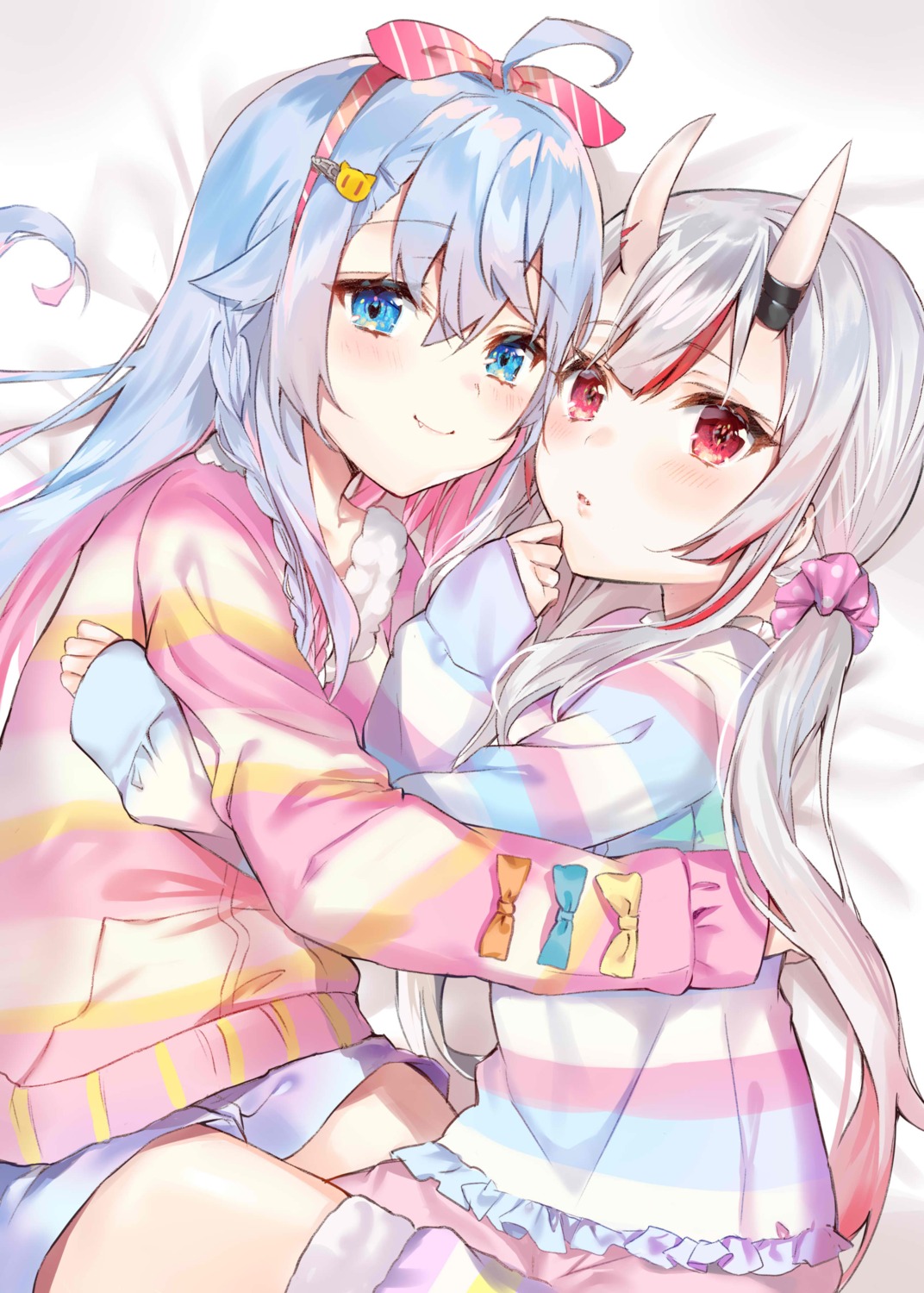 crossover, hololive, horns, indie_virtual_youtuber, kagura_nana, nakiri_ayame, nanakagura, pajama