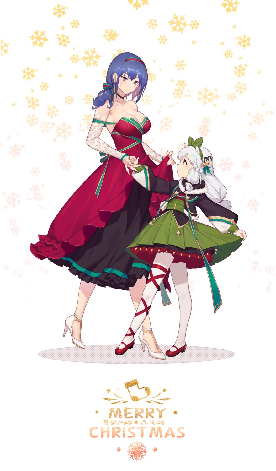 christmas, cleavage, douwo_mkd, dp-12_(girls_frontline), dress, girls_frontline, heels, ksvk_(girls_frontline)