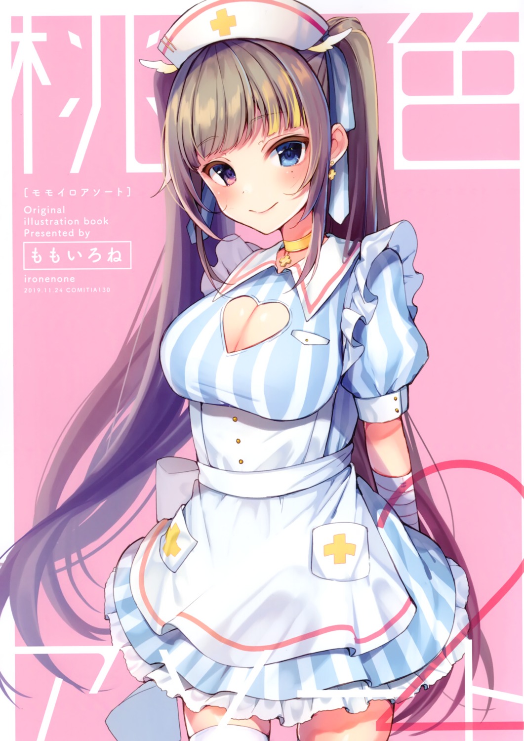 cleavage, heterochromia, maid, momoirone, nurse, thighhighs