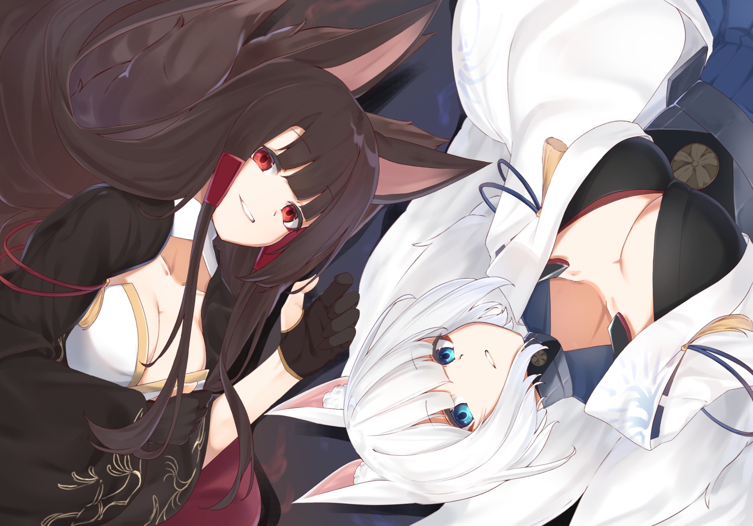 akagi_(azur_lane), animal_ears, azur_lane, cleavage, japanese_clothes, kaga_(azur_lane), kimidori3_karla, kitsune