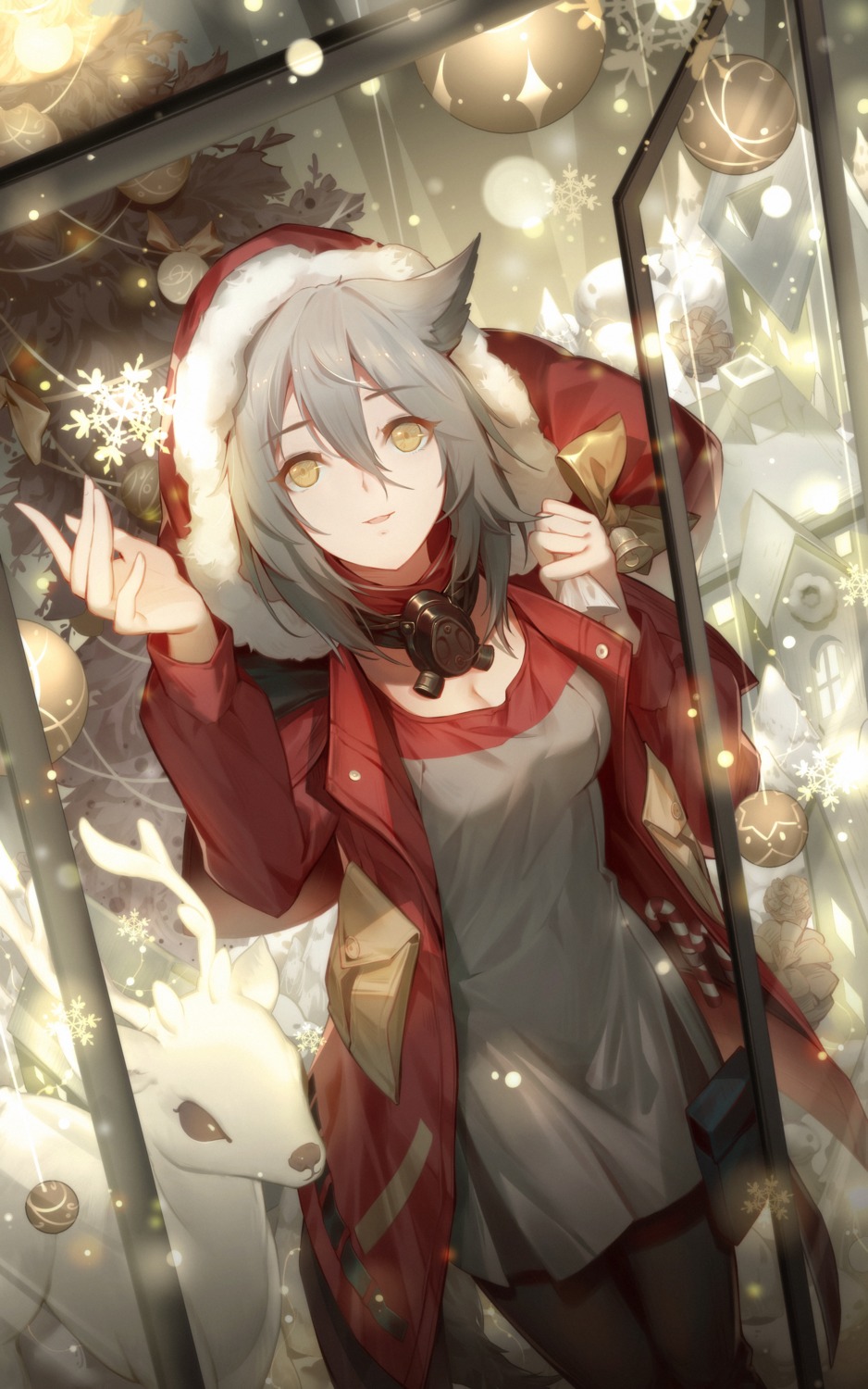 animal_ears, arknights, artist_revision, christmas, cleavage, dress, emurina, pantyhose